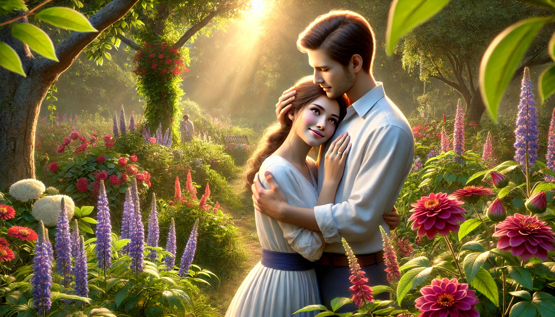 A husband tenderly embracing his wife in a beautiful garden.