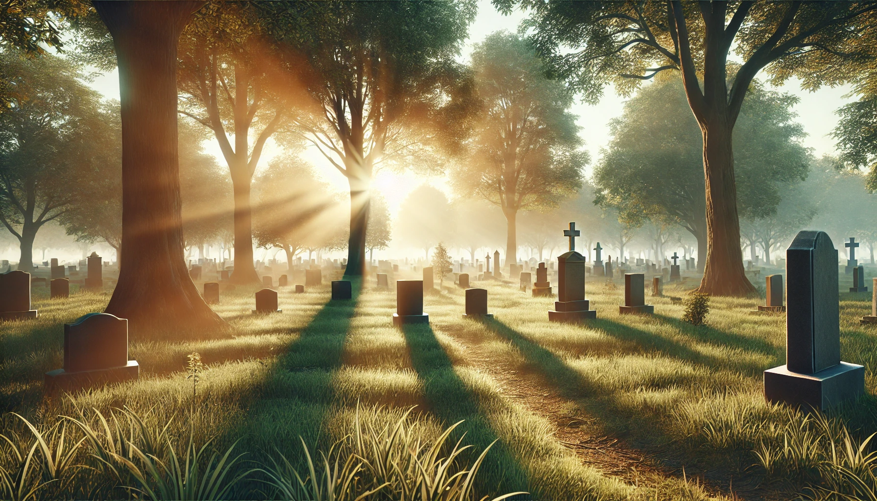 A quiet cemetery at sunrise. The scene shows soft sunlight shining through tall trees.