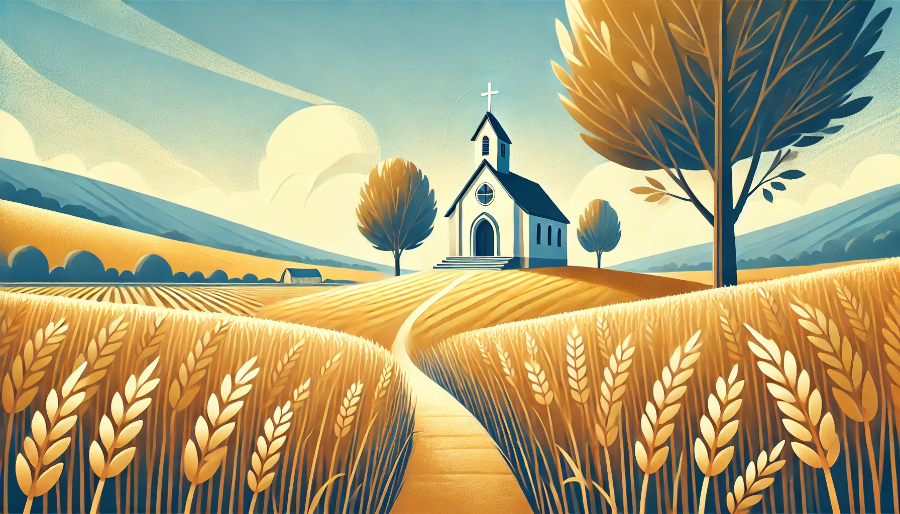 A peaceful countryside scene with a small chapel on a hill.