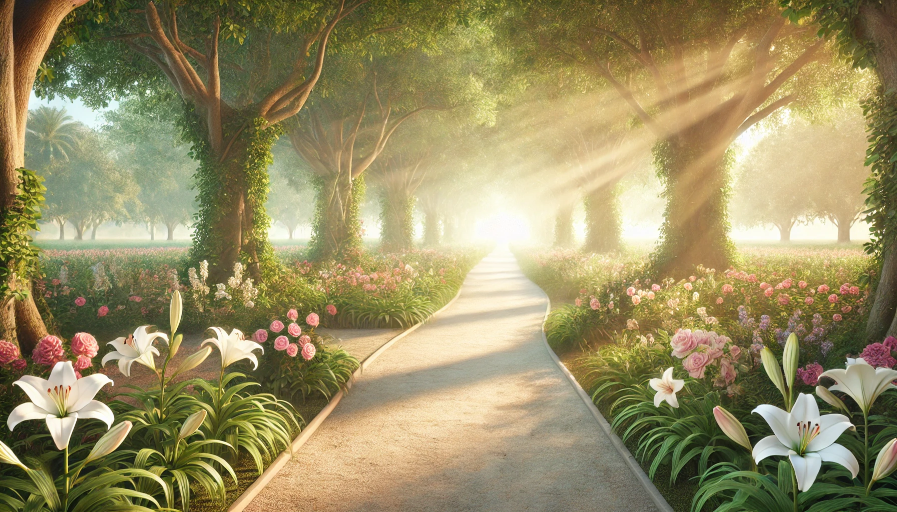 A peaceful garden path lined with flowers and trees.