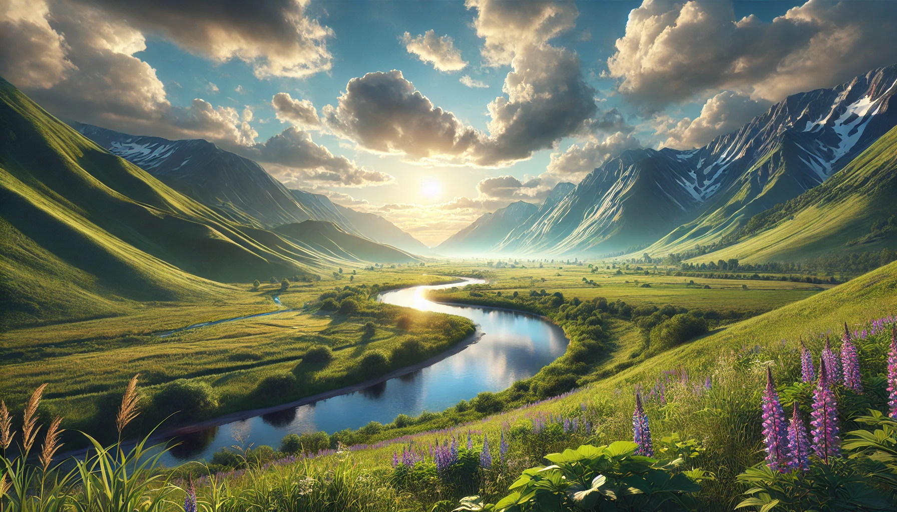 A peaceful, green valley surrounded by mountains under a blue sky with soft clouds.