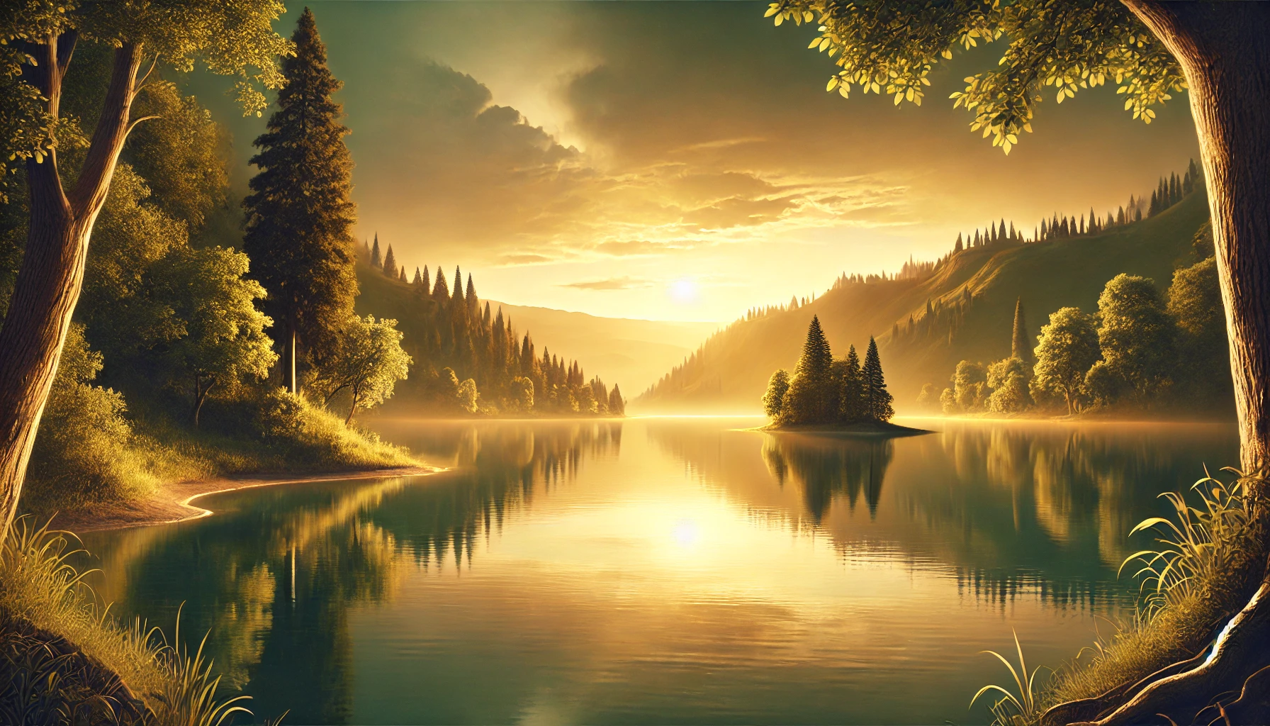 A peaceful lake at sunset, with still waters reflecting a golden sky.