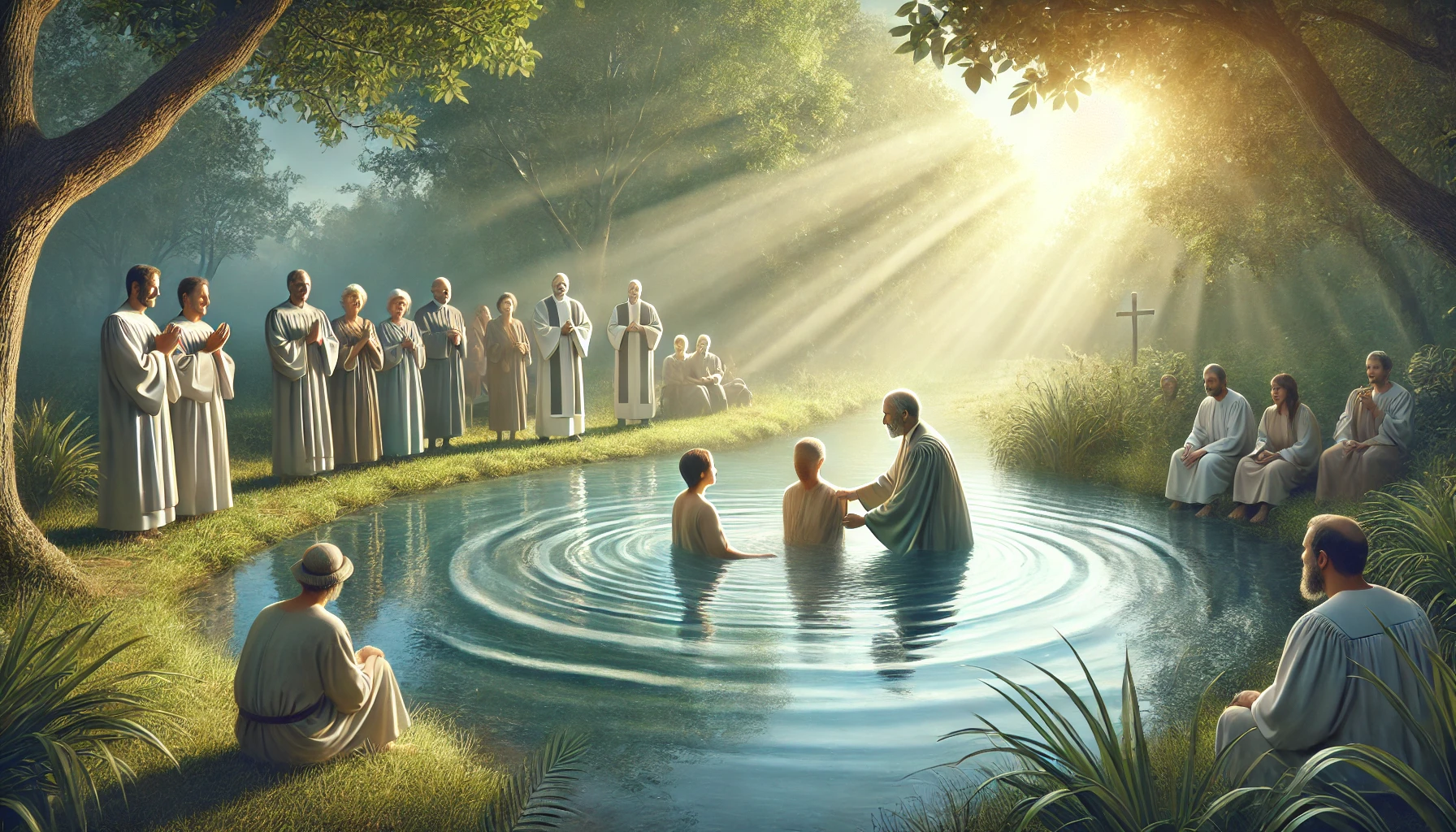 A peaceful outdoor baptism scene by a river.