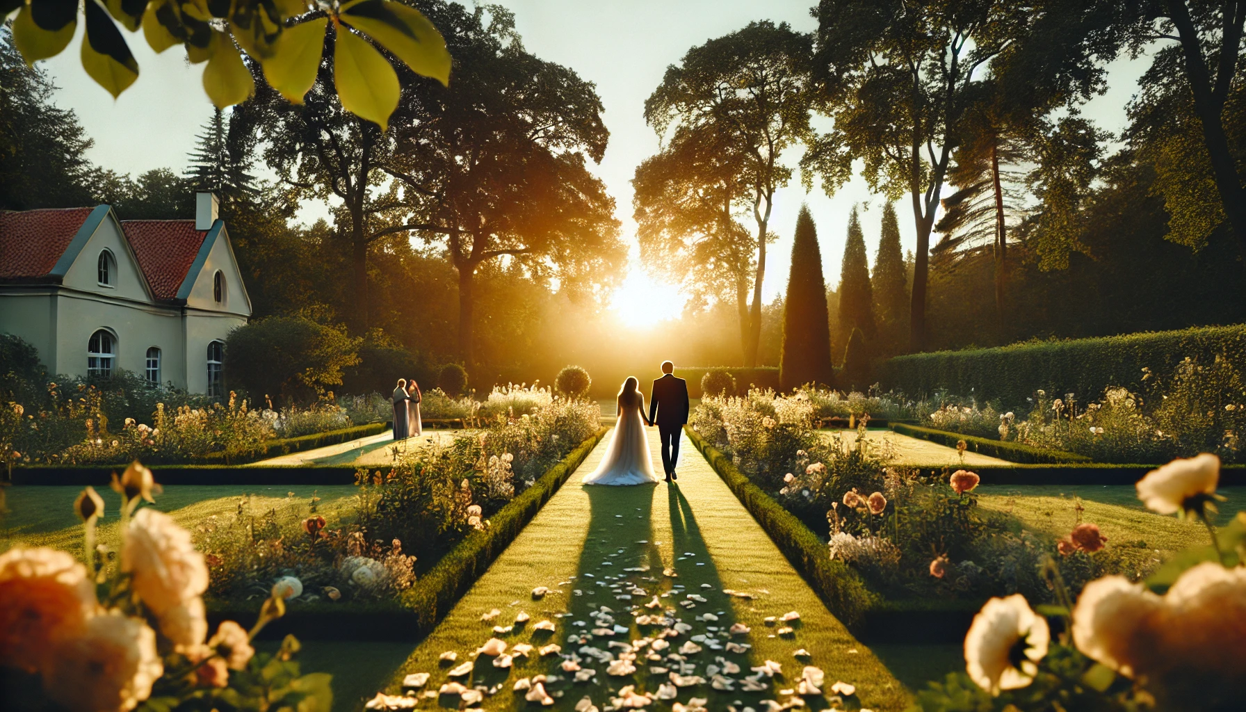 A peaceful outdoor wedding scene showing a couple walking hand in hand down a flower-lined path in a large garden after exchanging vows.