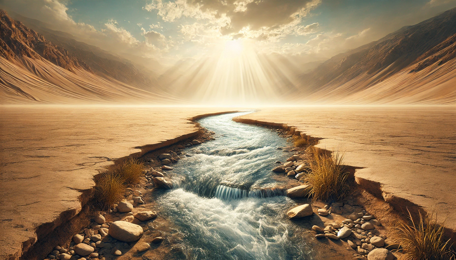 A peaceful river flowing through a barren desert.