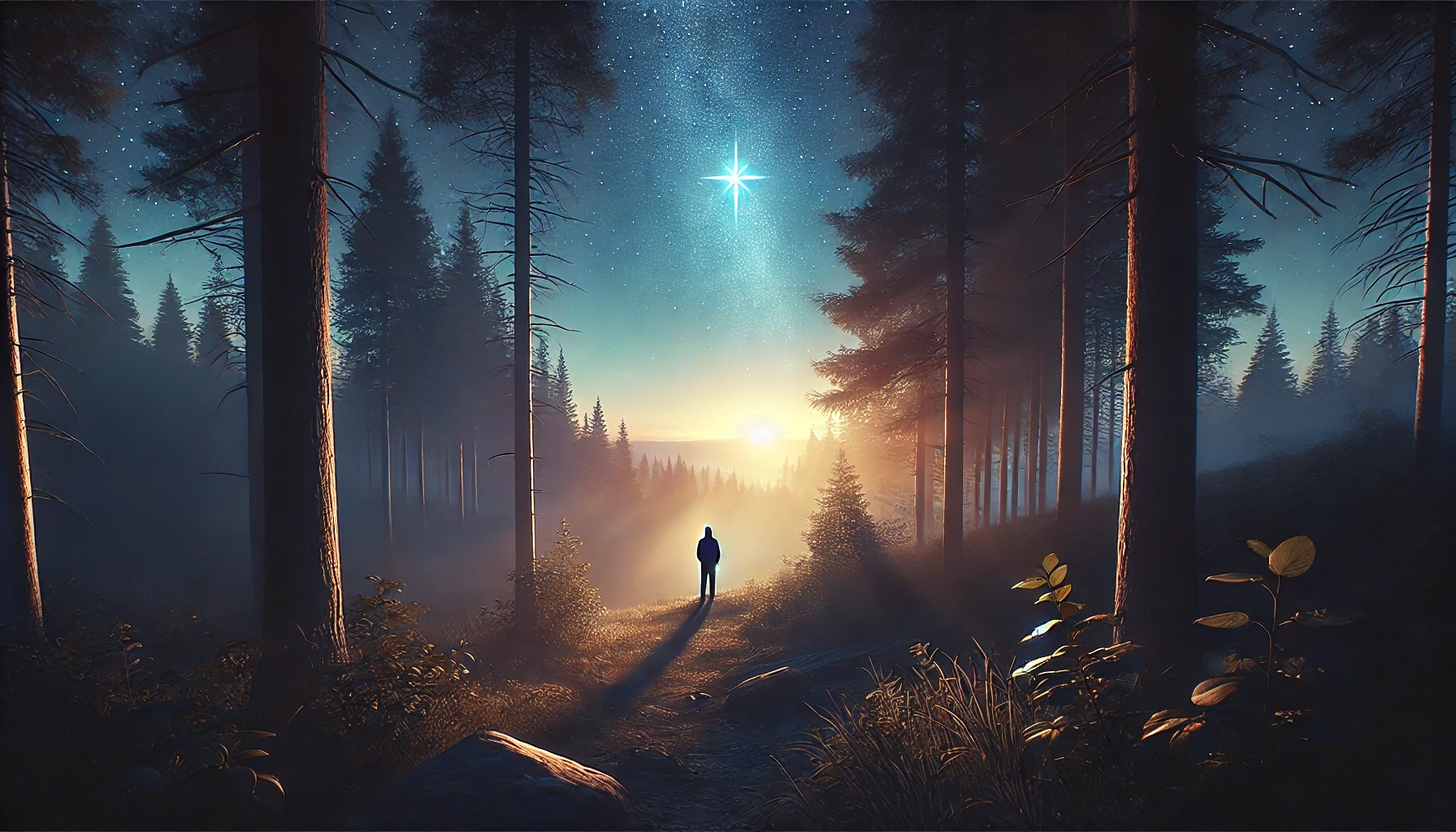 A peaceful scene at twilight, with a solitary figure standing at the edge of a forest, gazing at the starry sky.