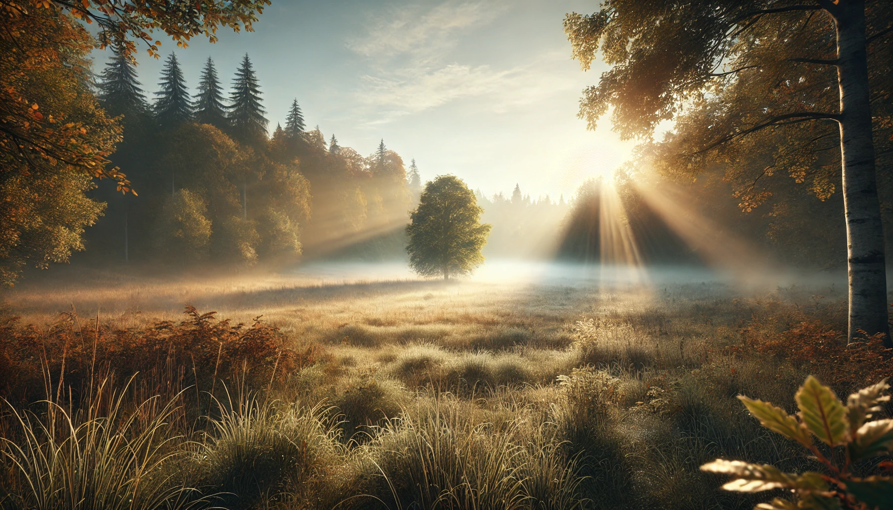 A peaceful, sunlit meadow in the early morning, with dew on the grass and a light mist rising.