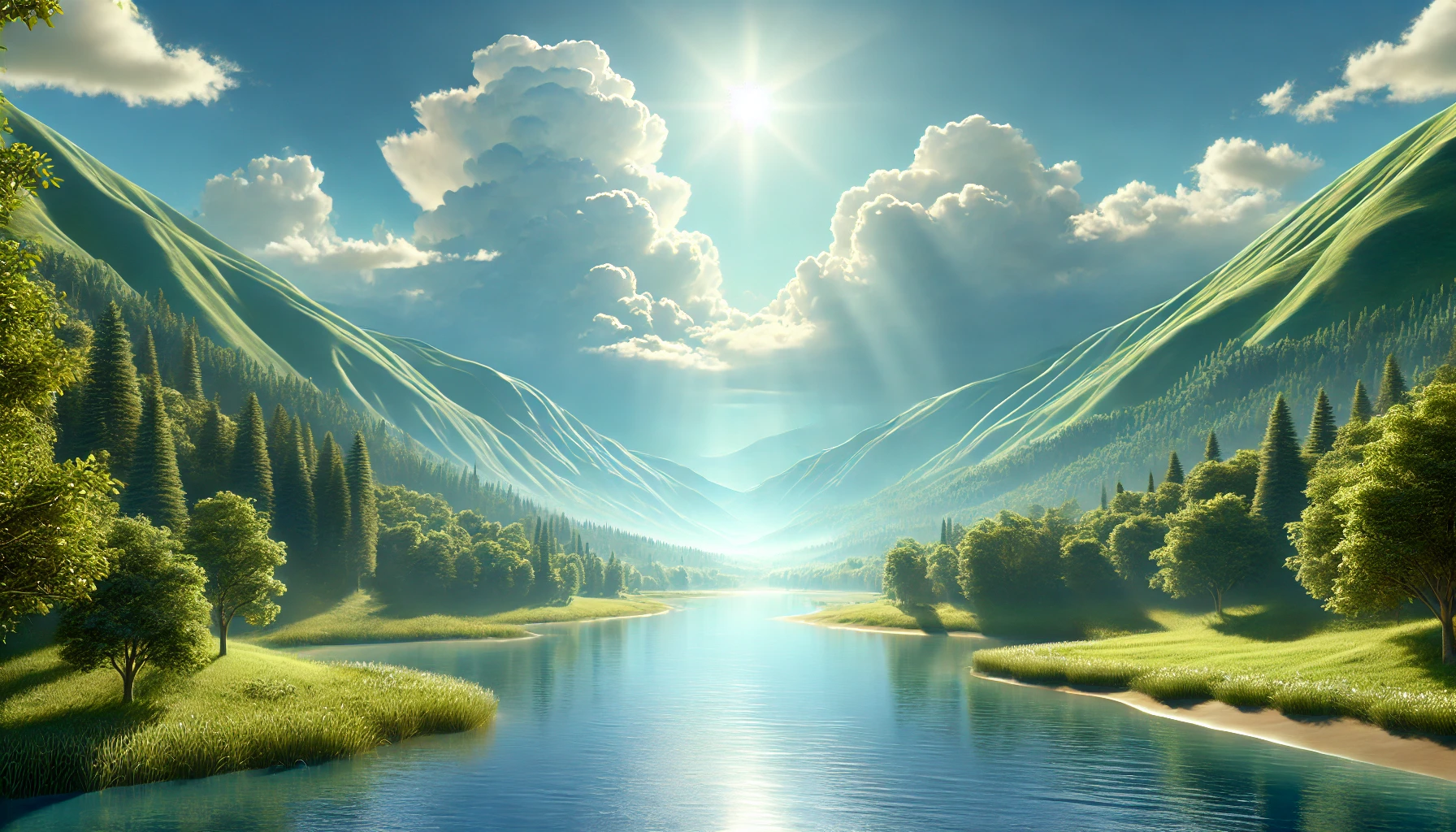 A peaceful valley surrounded by tall green hills under a bright blue sky.