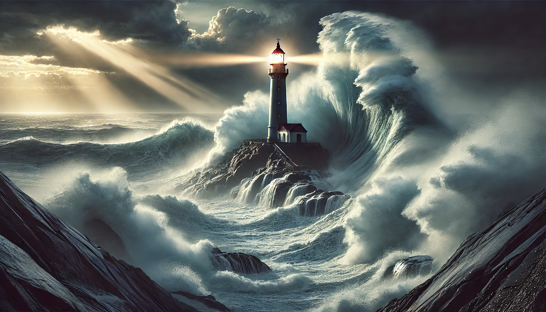 A powerful stormy sea with enormous waves crashing against a lighthouse on a rocky coast.