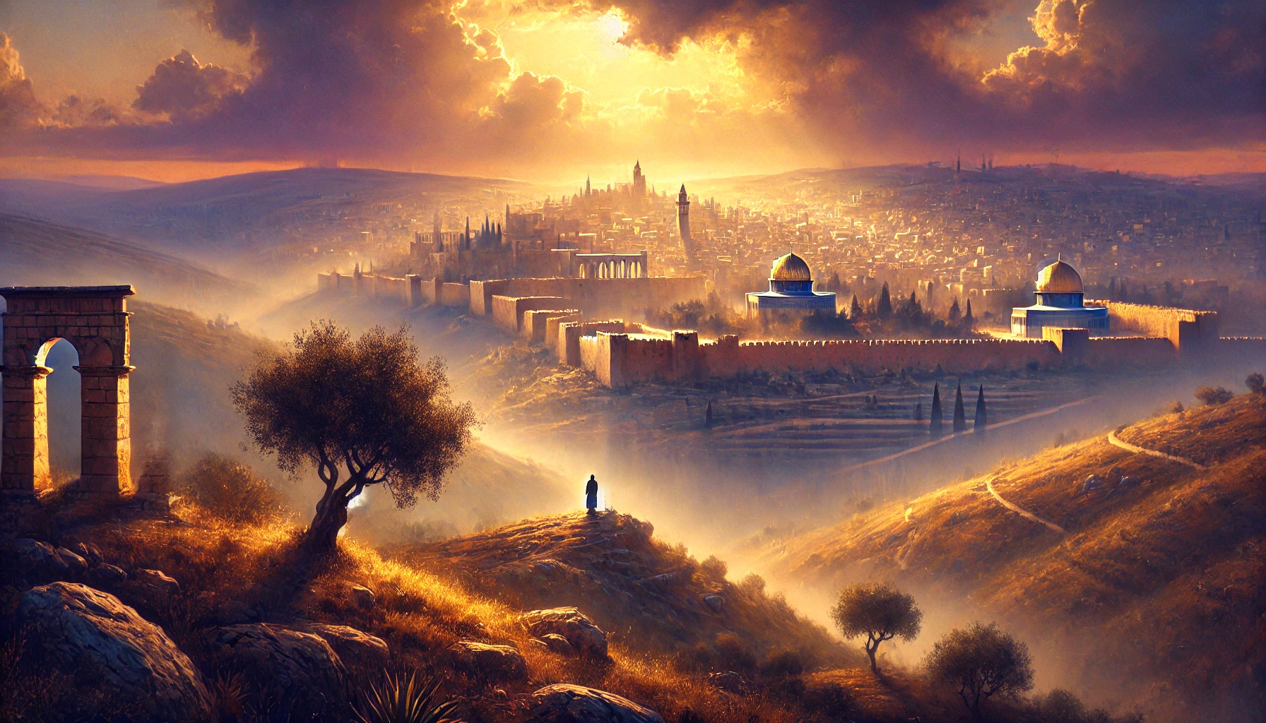 A prophetic scene showing the ancient city of Jerusalem in the distance, bathed in soft, golden sunlight.