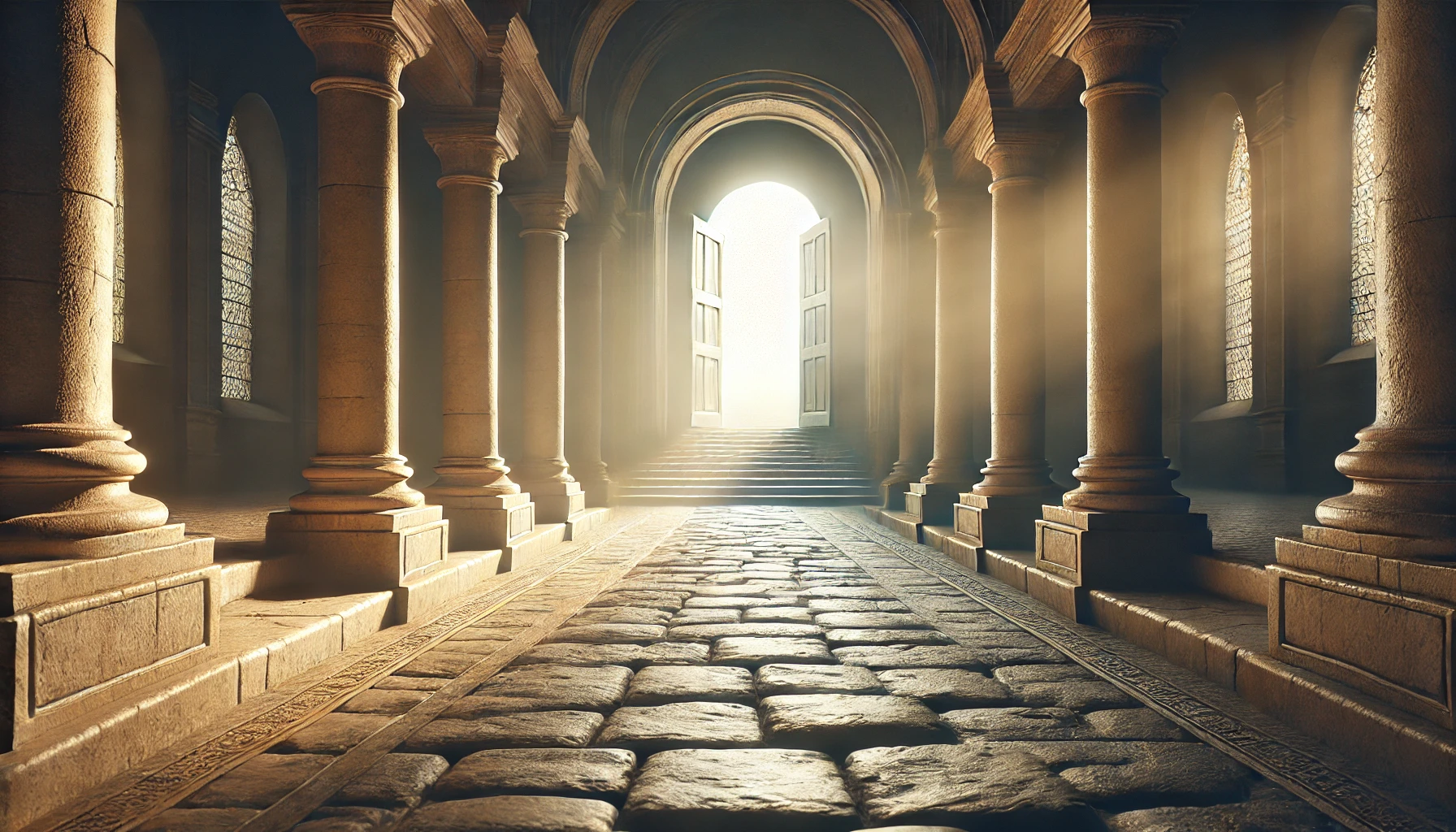 A quiet, ancient stone pathway leading up to a grand, open doorway bathed in soft light.