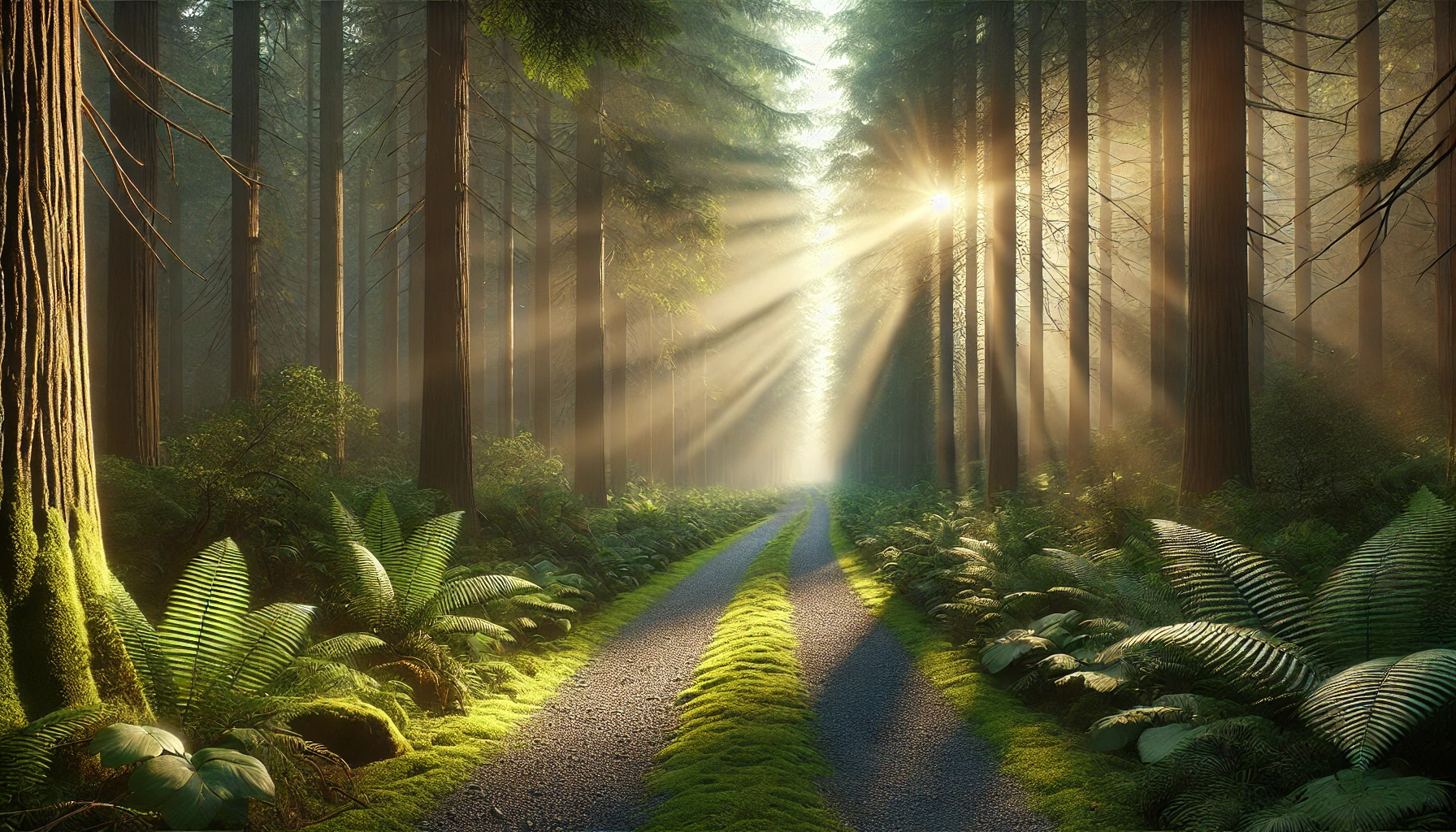 A quiet forest path in the early morning light, with sun rays breaking through the tall trees.