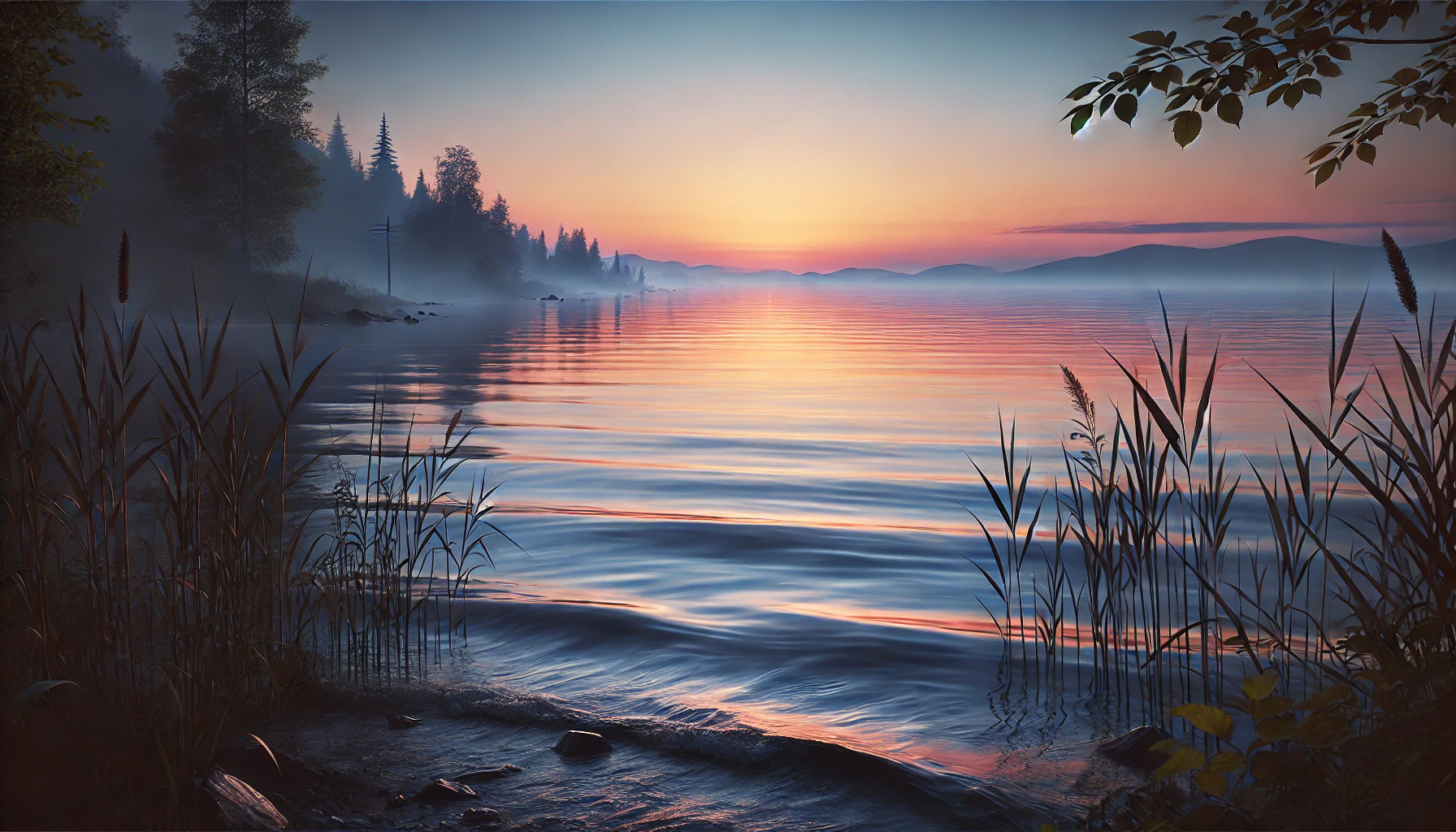 A quiet lakeside scene at dusk. The water is still, reflecting the soft hues of the sunset sky.