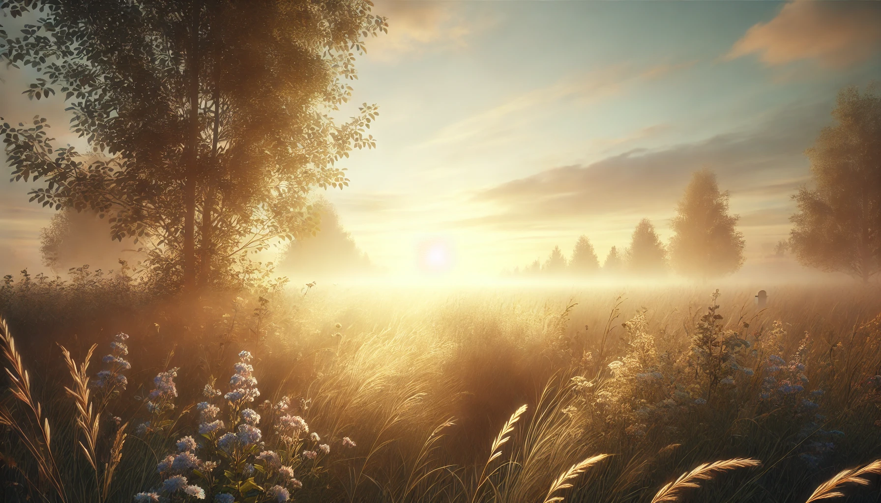 A serene meadow at dawn with soft, golden sunlight illuminating the landscape.