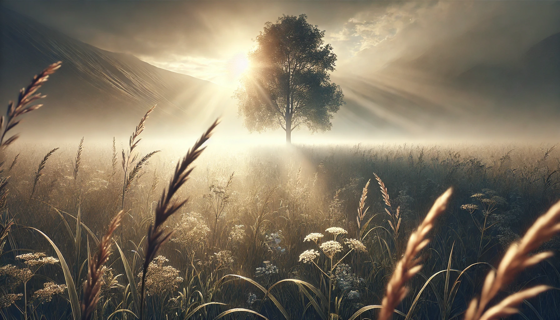 A serene meadow at dawn, with soft sunlight breaking through fog.