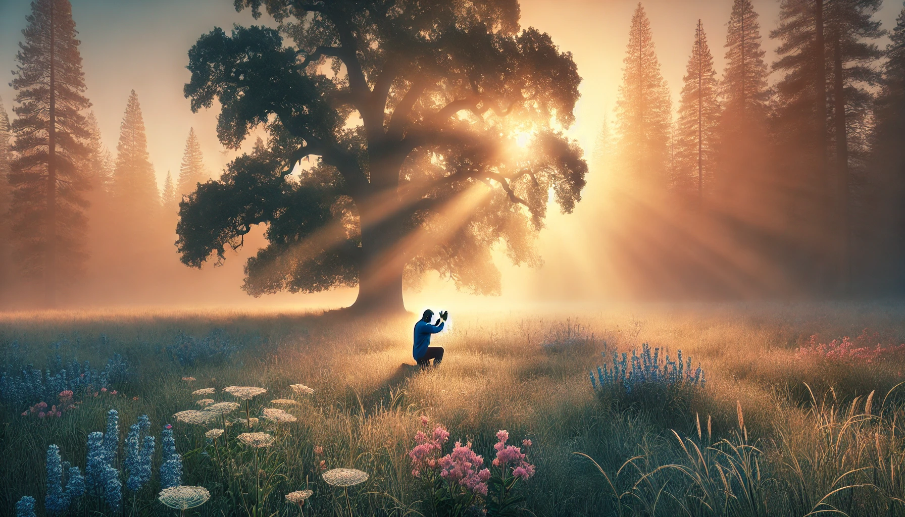 A serene scene of a quiet meadow in early morning light, with wildflowers and soft sunlight filtering through the mist.