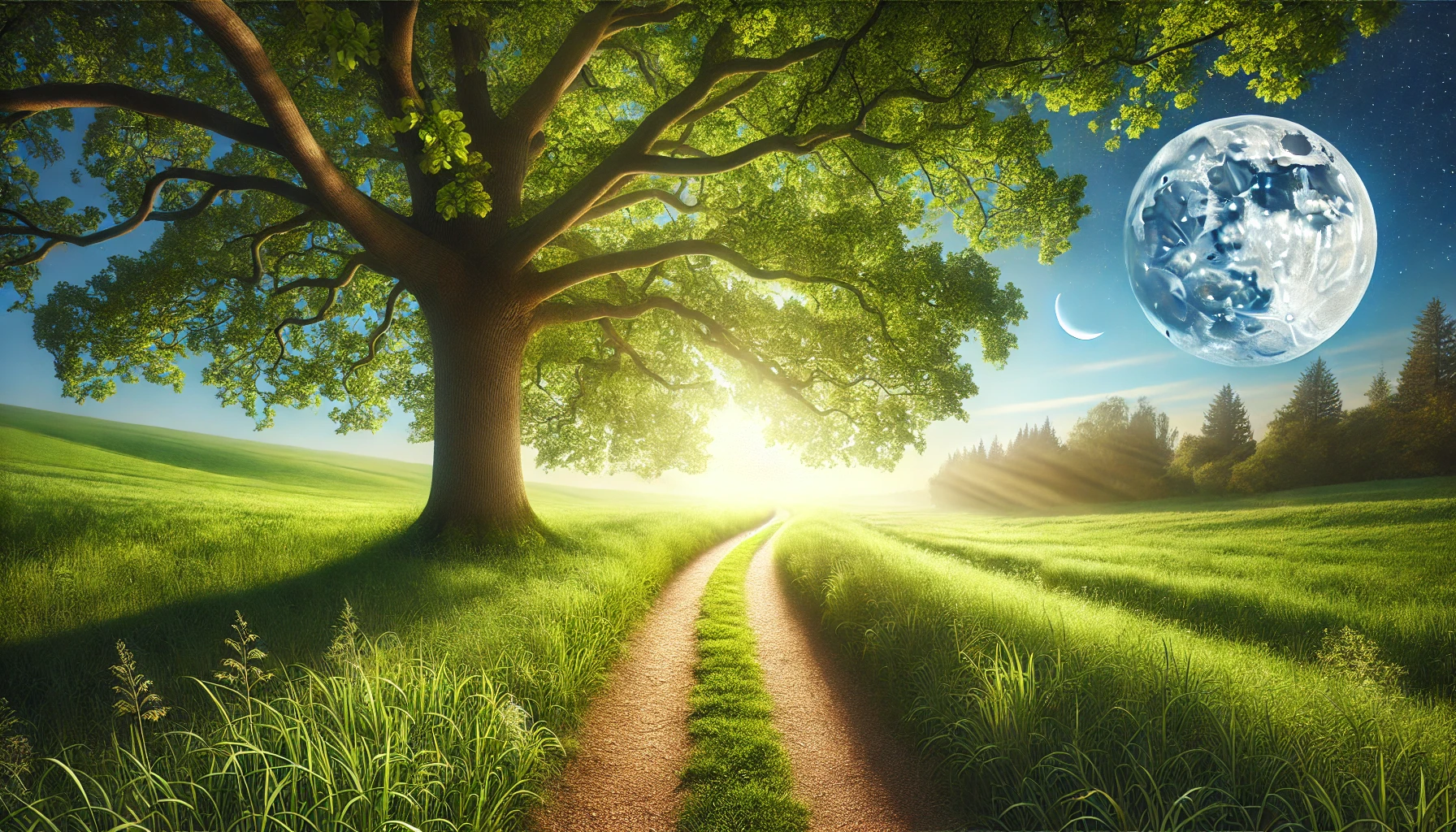 A serene, sunlit path through a green meadow with a large tree providing shade on one side.