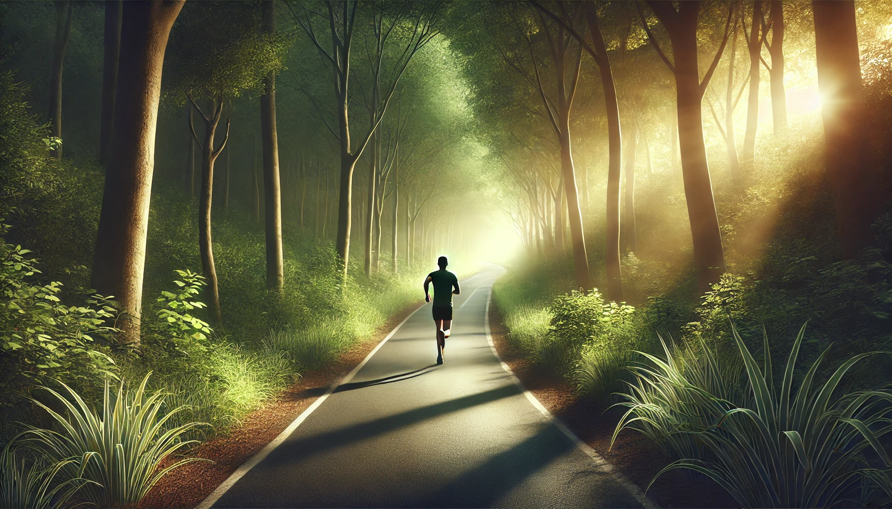 A single athlete running along a winding forest path.