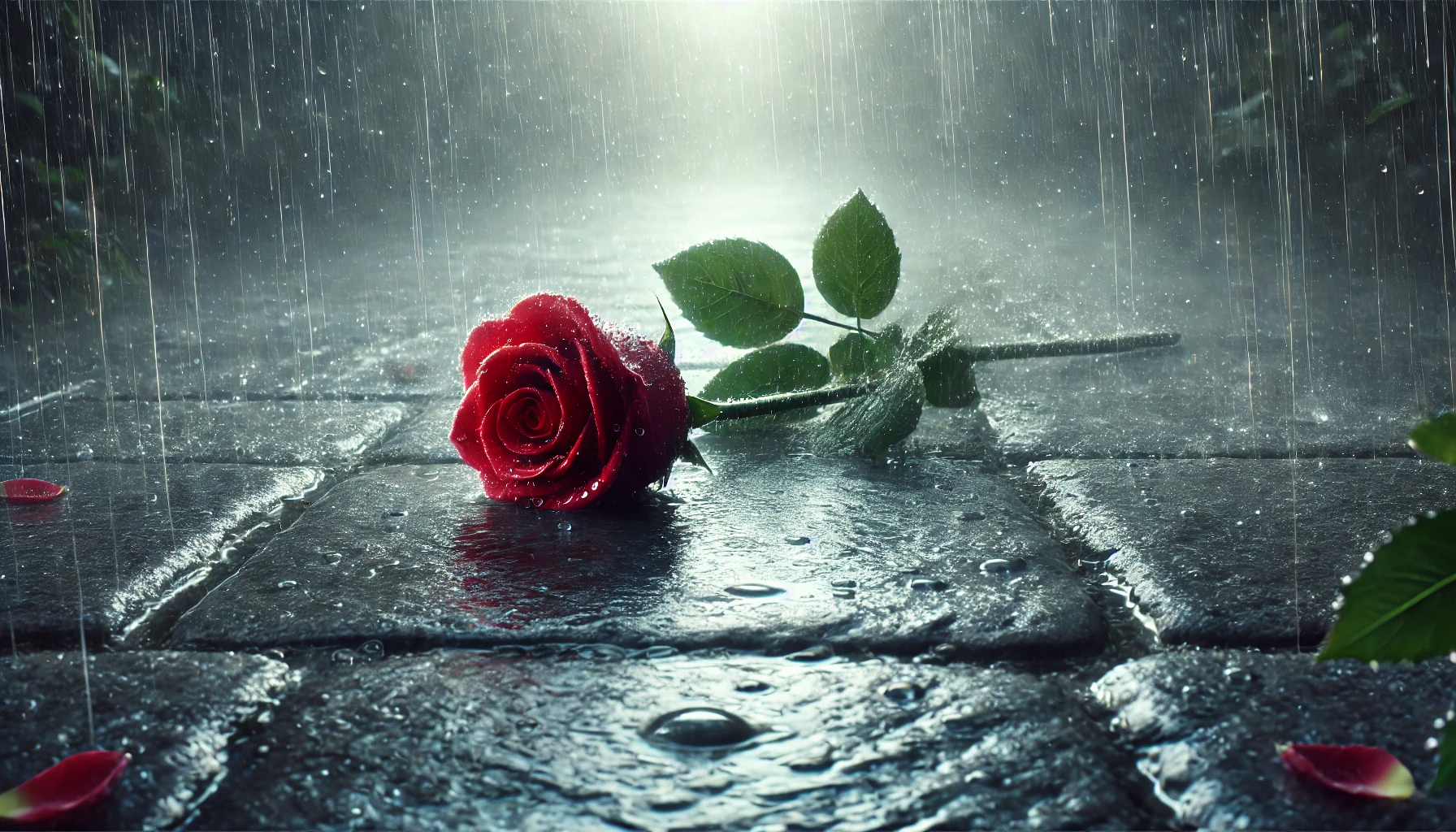 A single red rose lying on a wet stone path, with gentle raindrops falling around it.