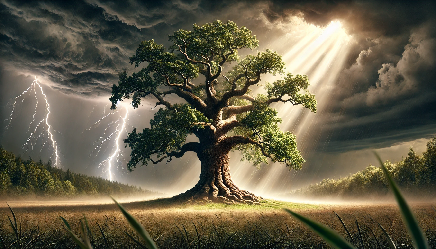 A strong, ancient oak tree standing in a meadow during a storm.