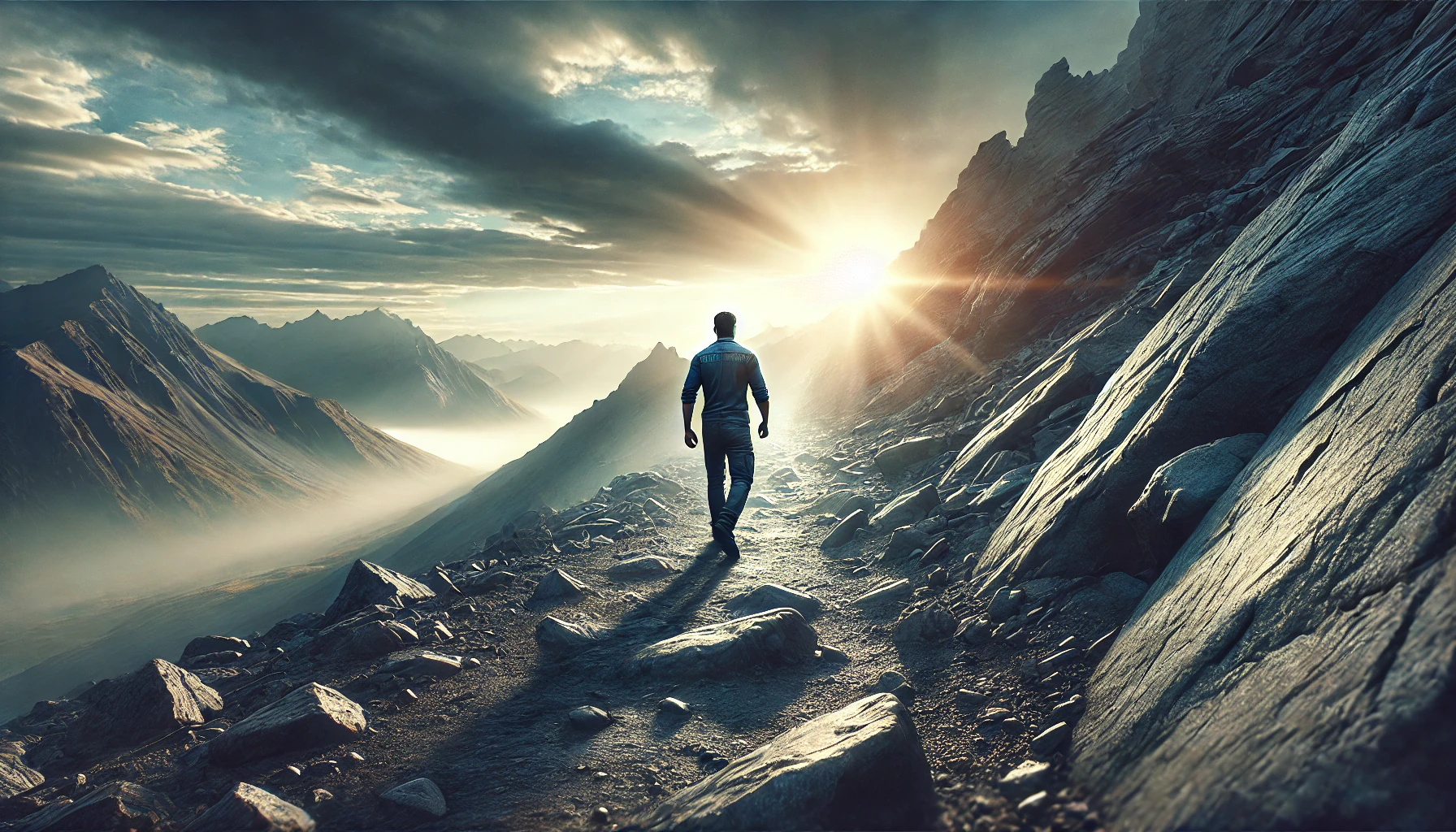 A strong person walking up a rugged mountain path with sunlight in the distance.