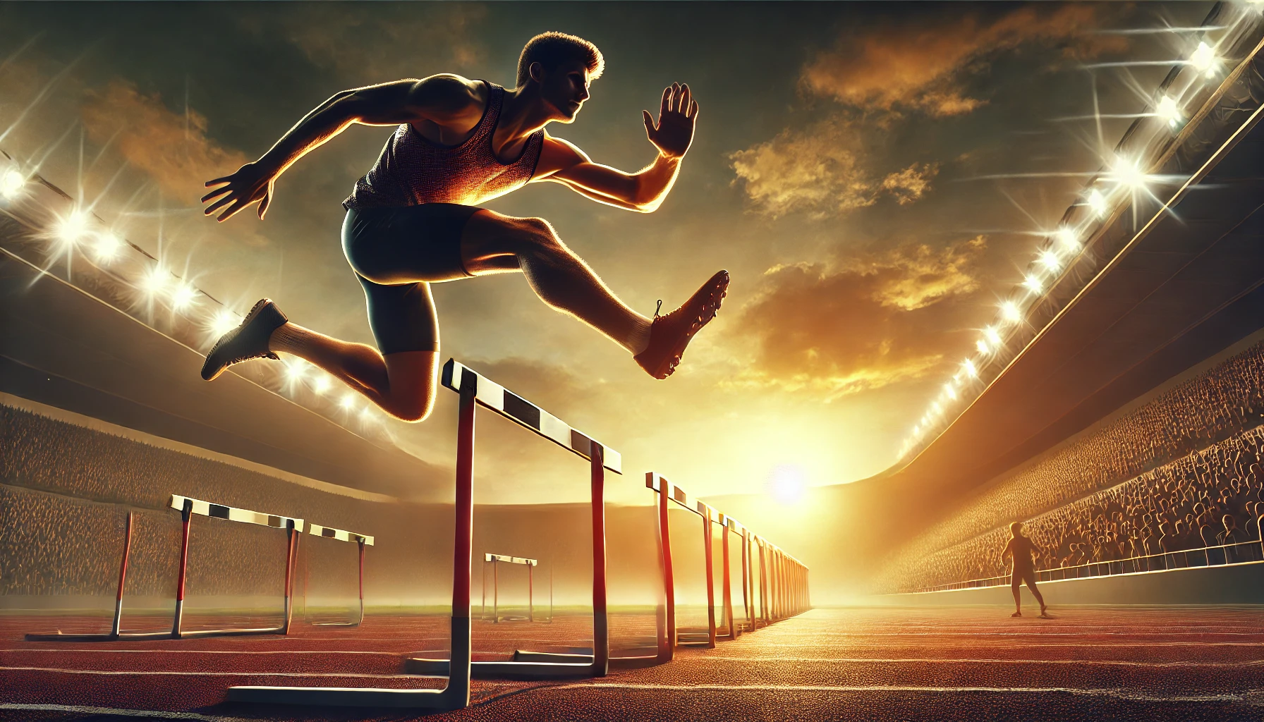 A track and field event at sunset, showing an athlete in mid-jump over a hurdle.