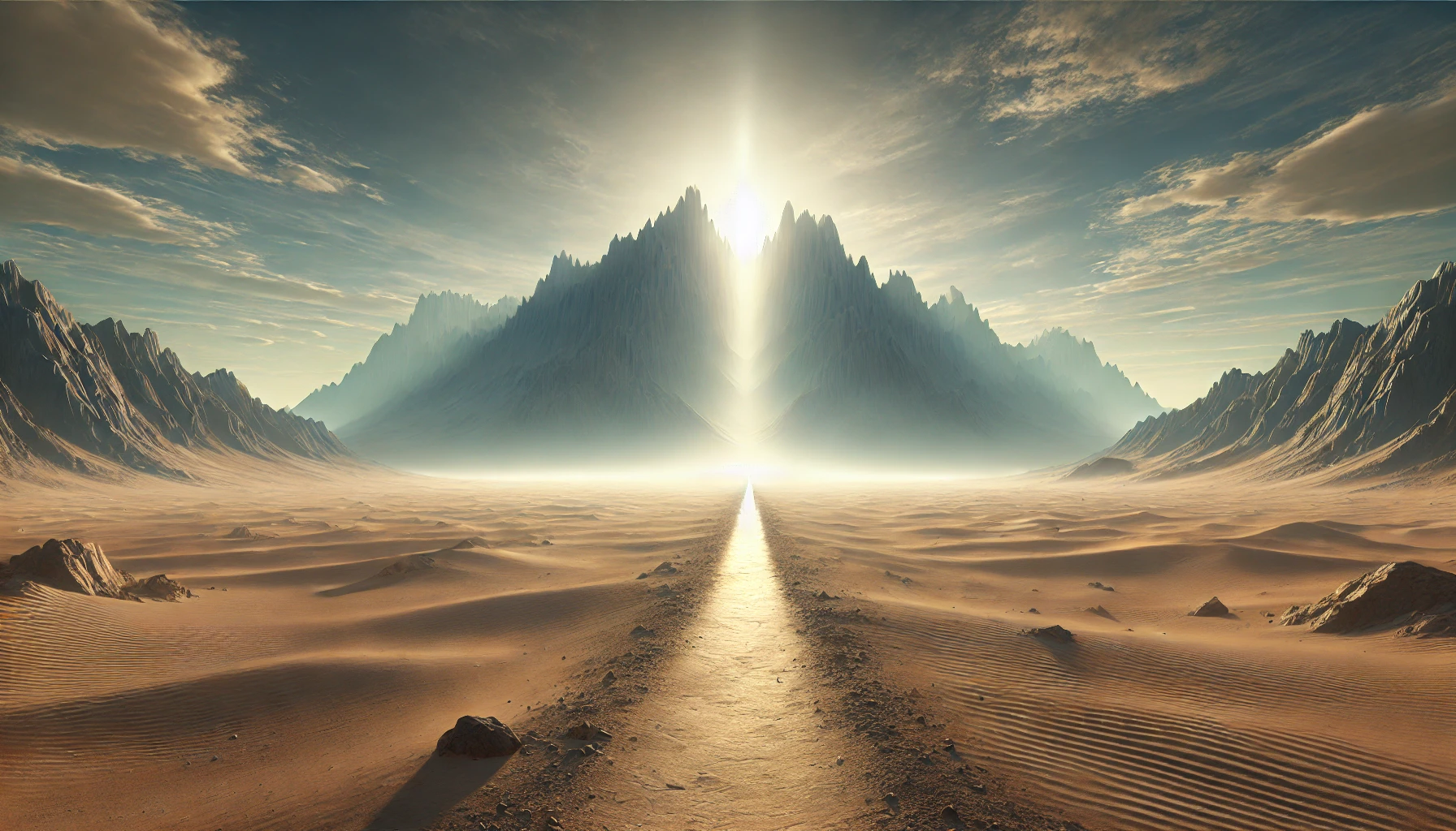 A vast desert landscape with a single narrow path leading through it.