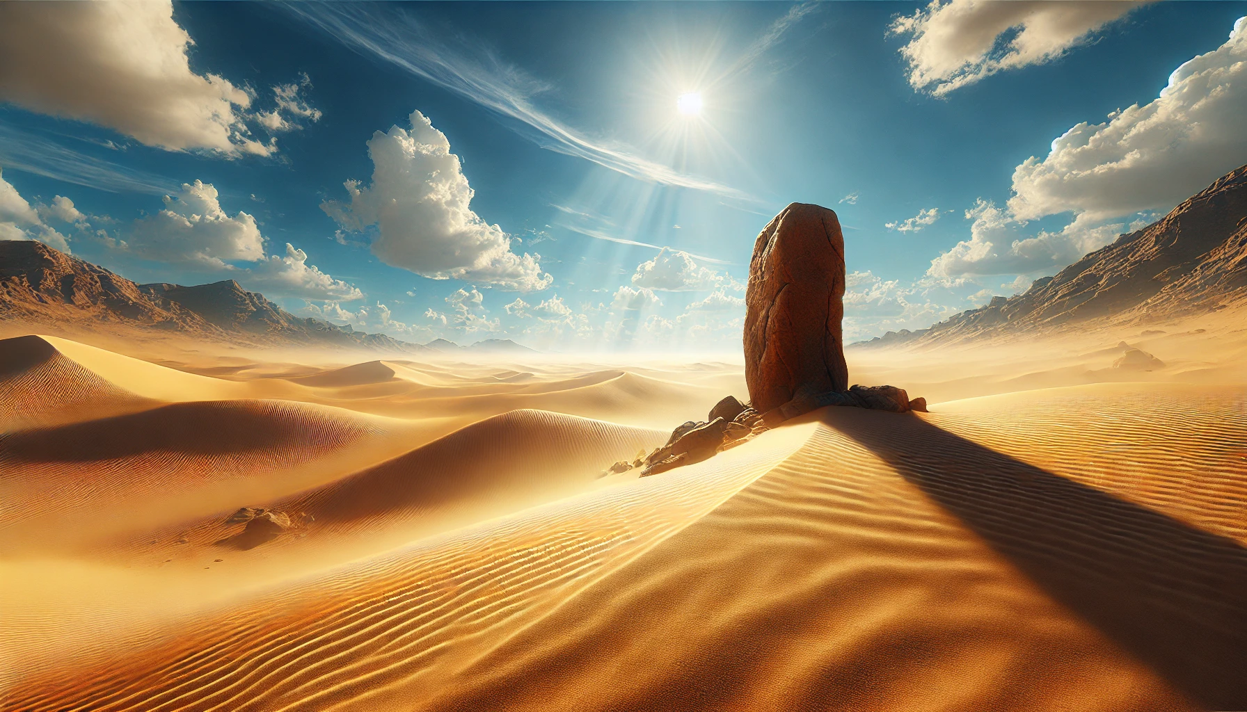 A vast desert landscape with golden sand dunes under a bright blue sky.