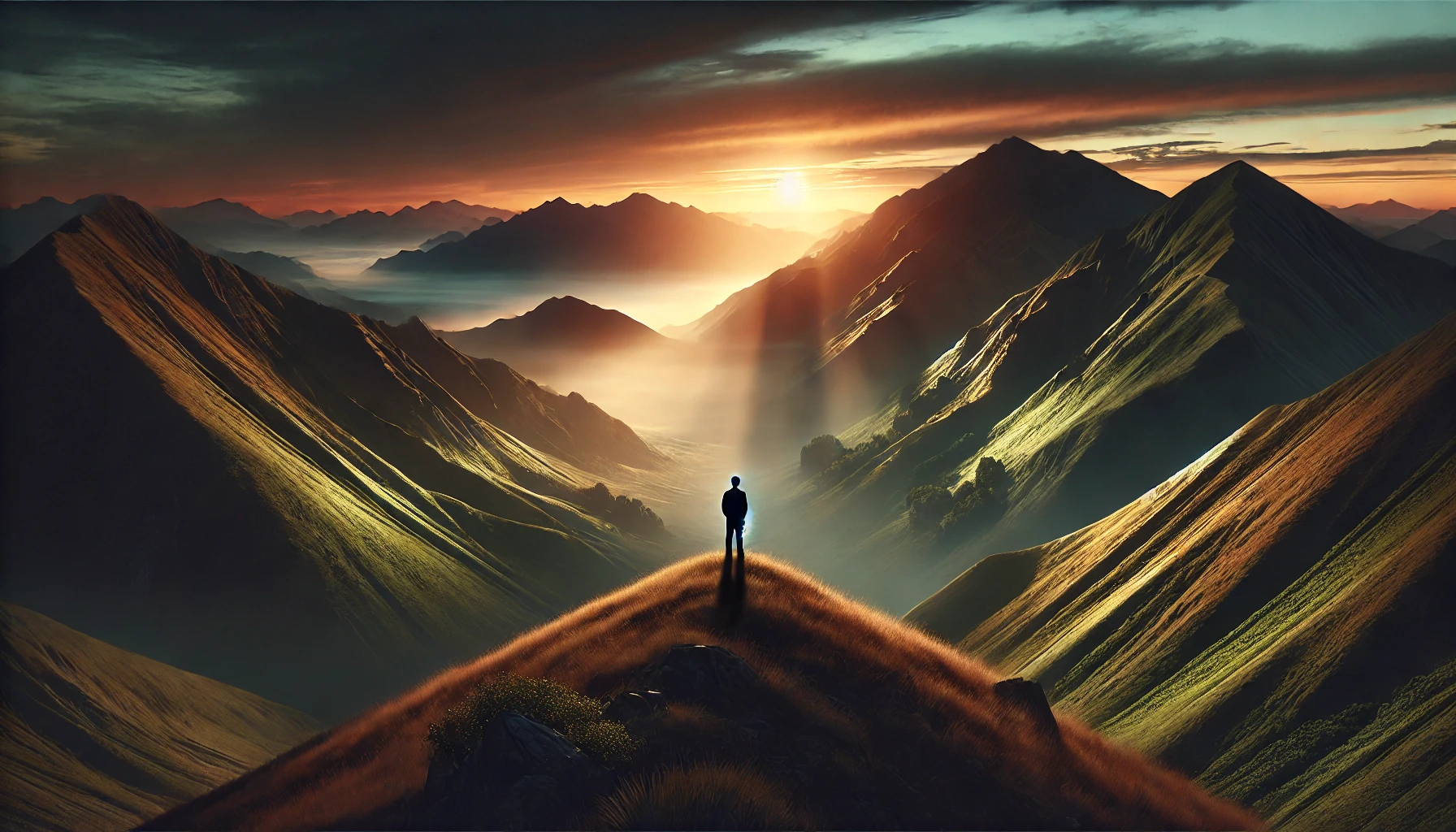 A vast mountain landscape during sunrise, with a figure standing in the foreground.