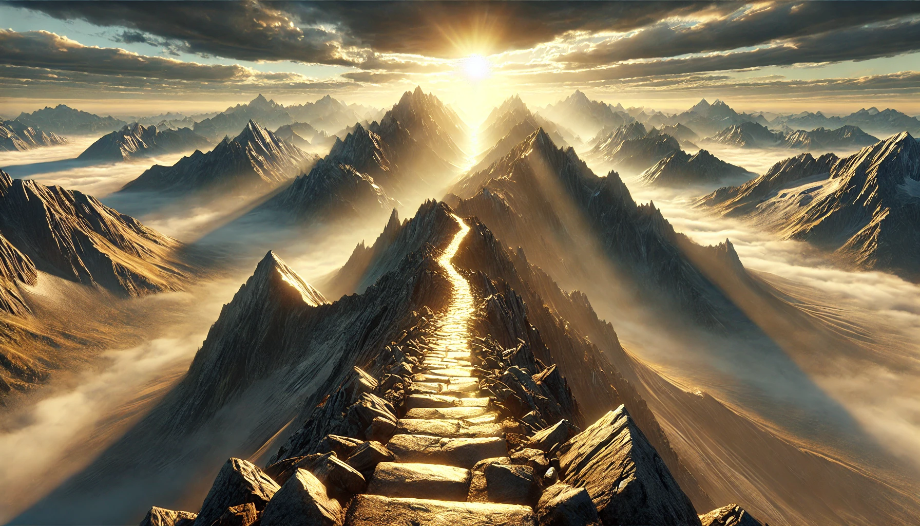 A vast mountain range with a clear path leading upwards.