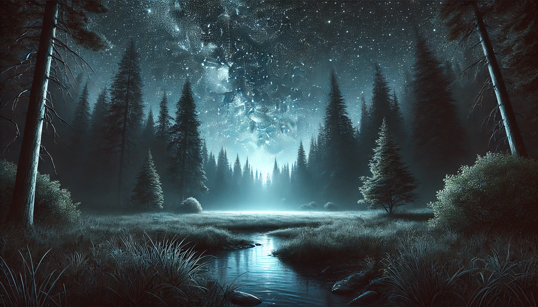 A vast night sky filled with stars over a quiet forest.