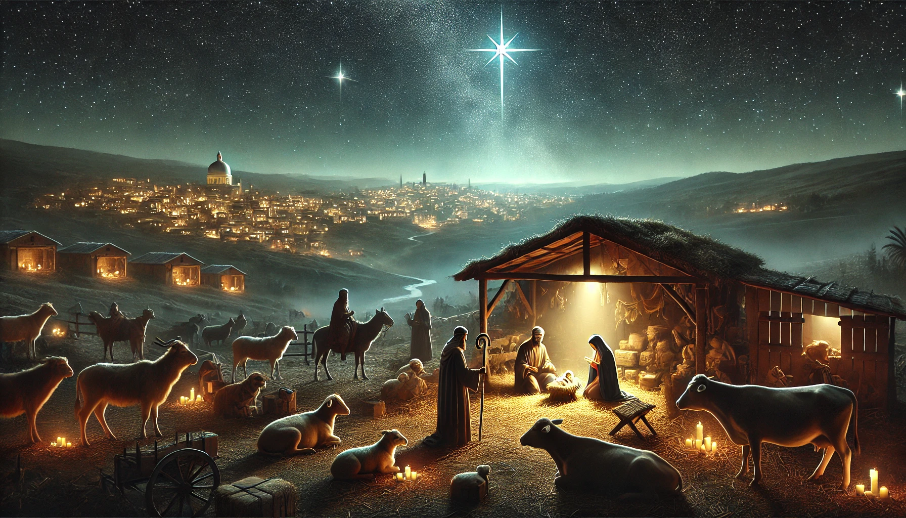 A wide, panoramic nativity scene at night, showing Bethlehem in the background.