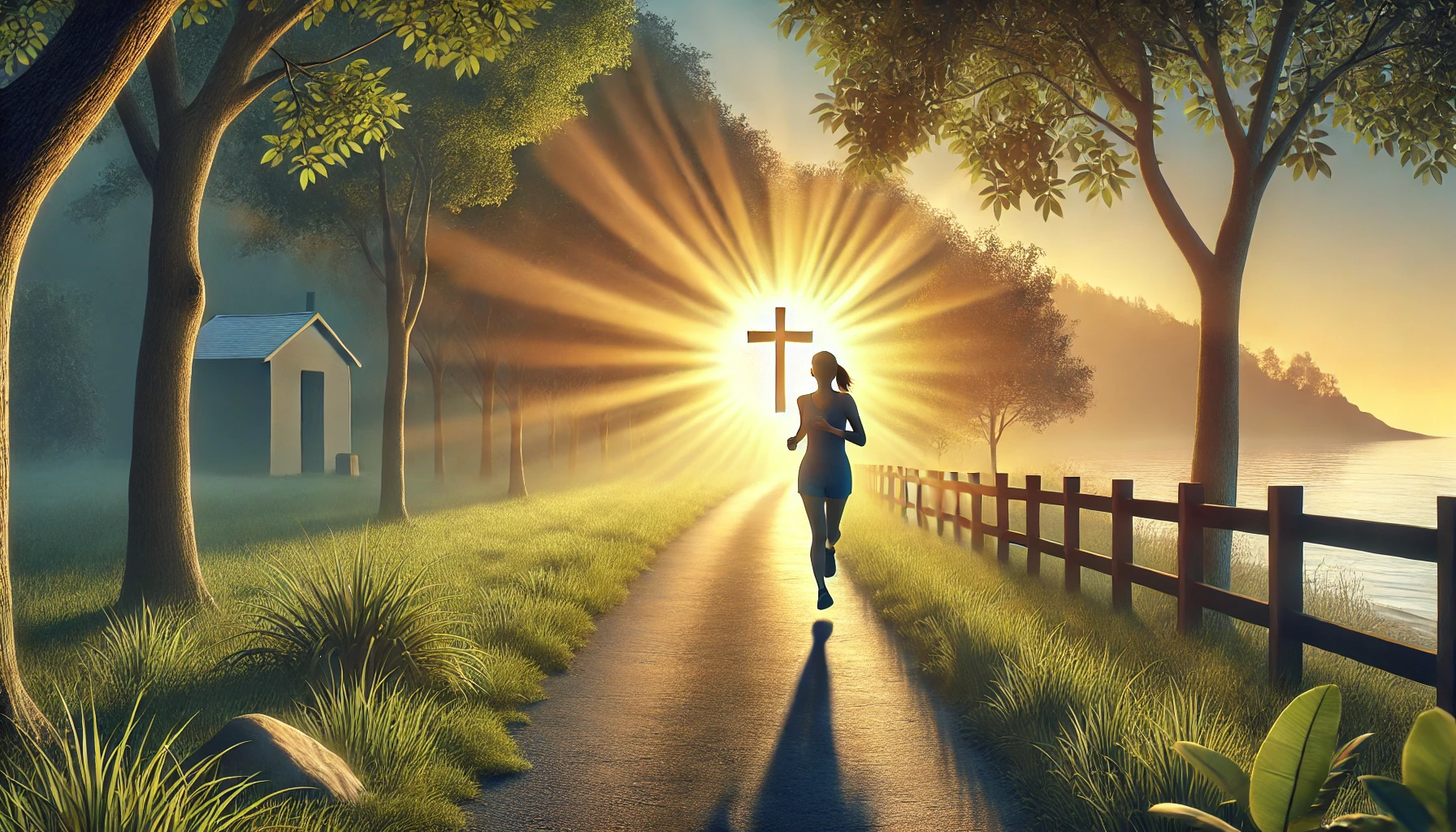 A woman jogging on a quiet, nature-filled path at sunrise, emphasizing physical exercise.