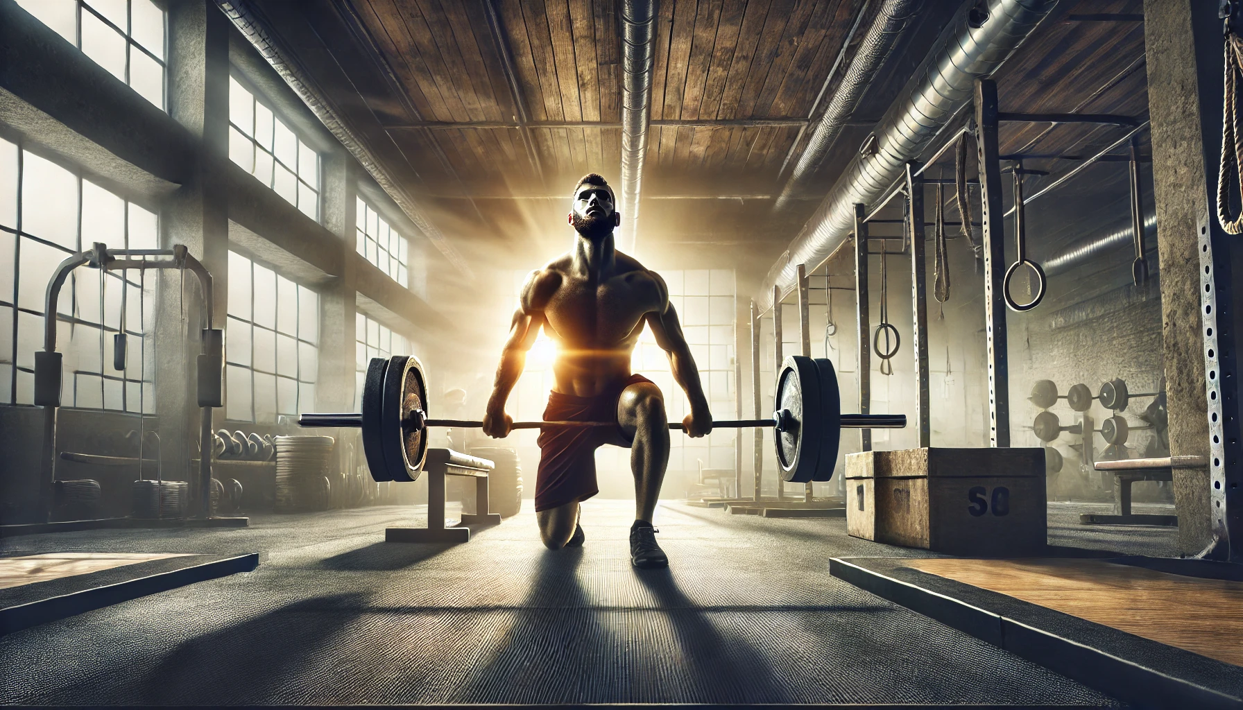 An athlete lifting weights in a gym, focusing on strength and determination.