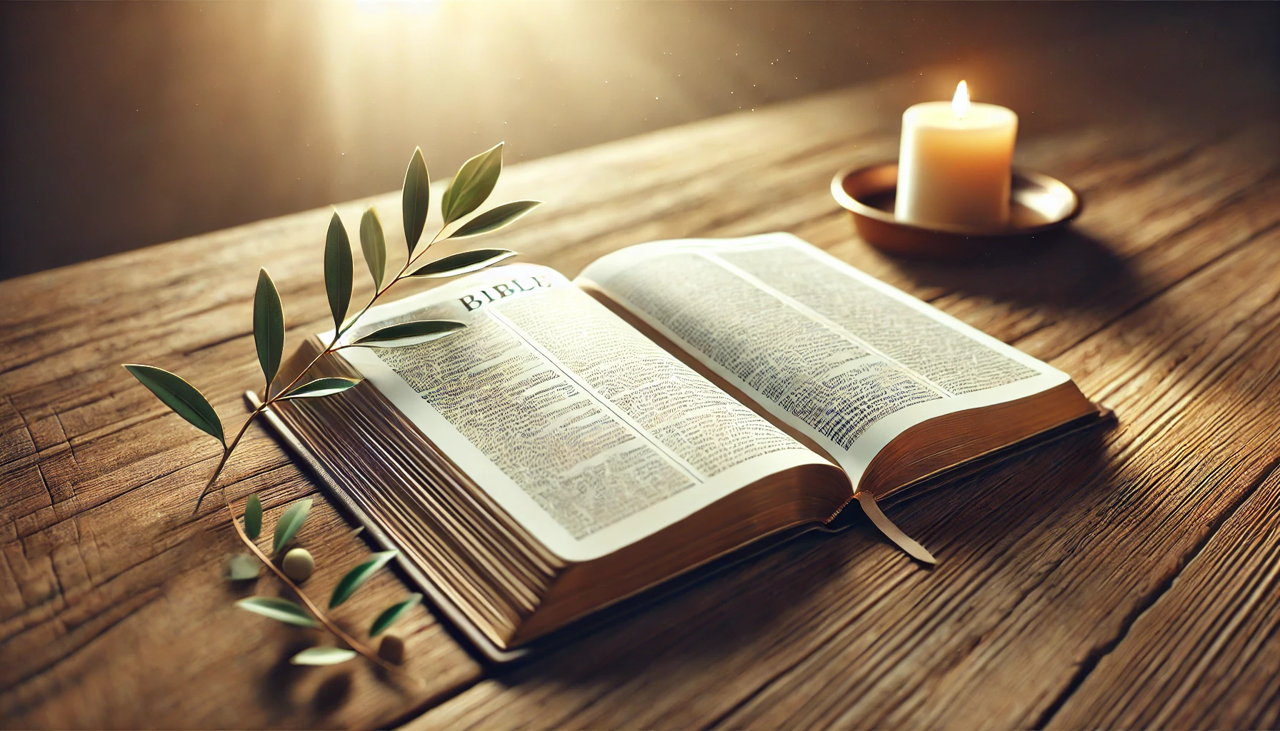 An open Bible placed on a wooden table, with soft natural light illuminating the pages.