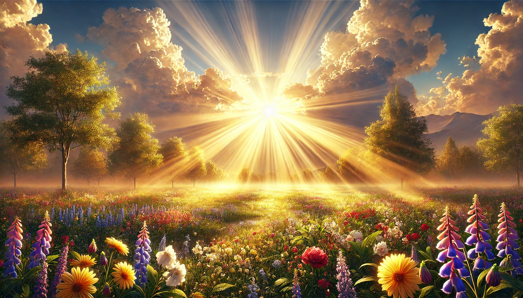 Bright sunlight streaming through clouds, with golden rays illuminating a peaceful field of flowers.