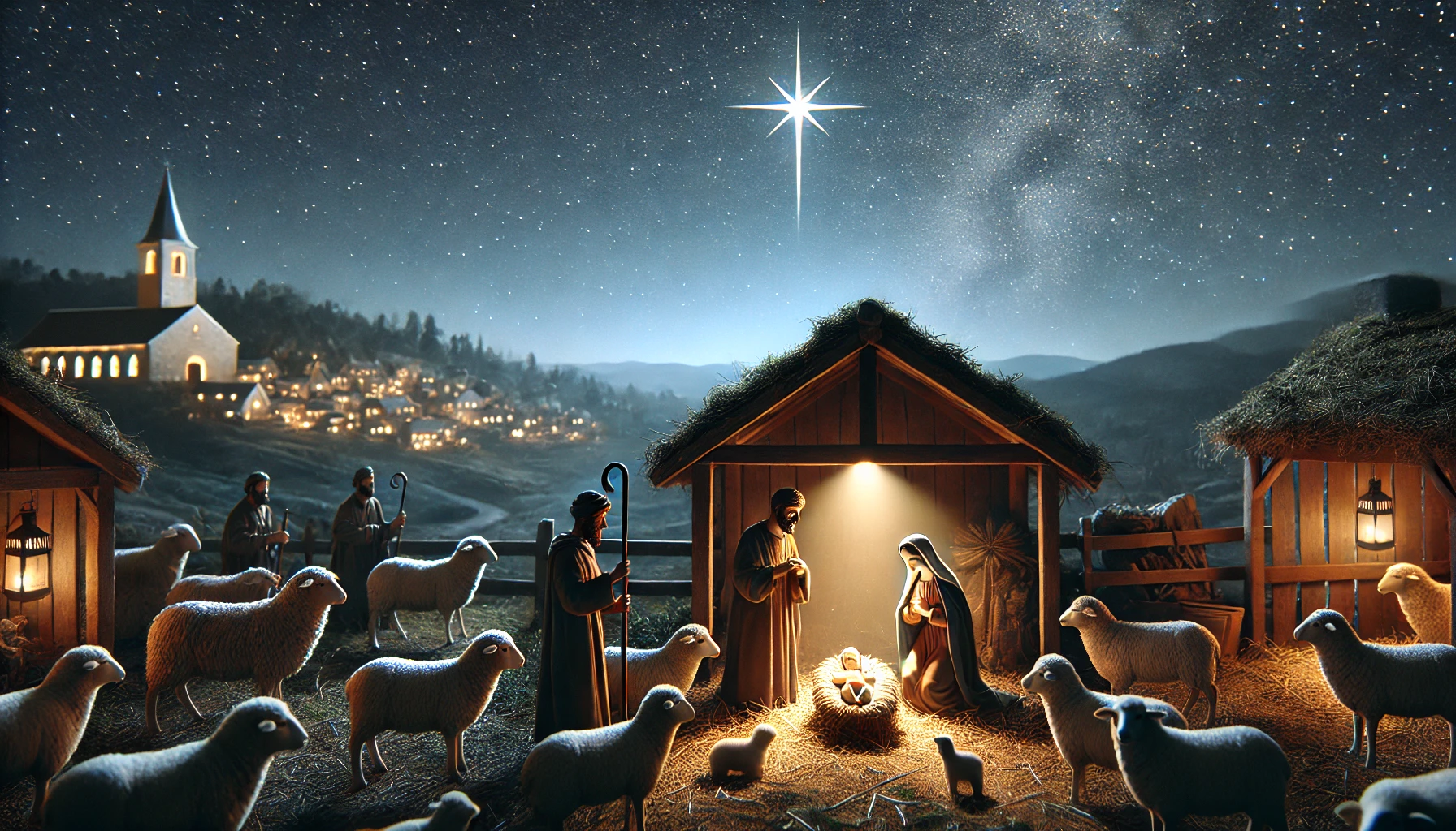 Nativity scene at night with Mary, Joseph, and baby Jesus in a manger.