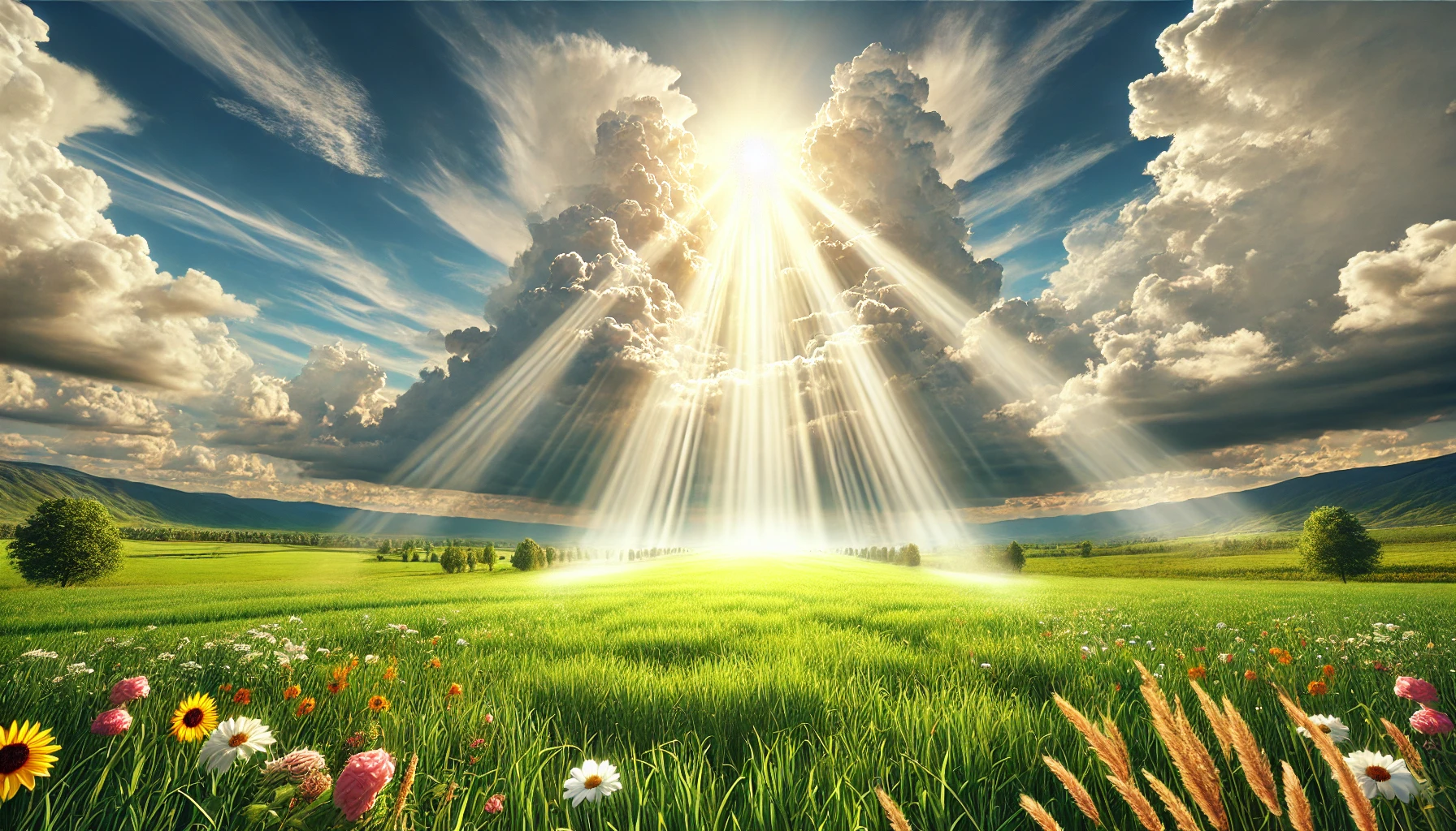 Open windows in the sky with beams of light pouring down onto a field of green grass and flowers.