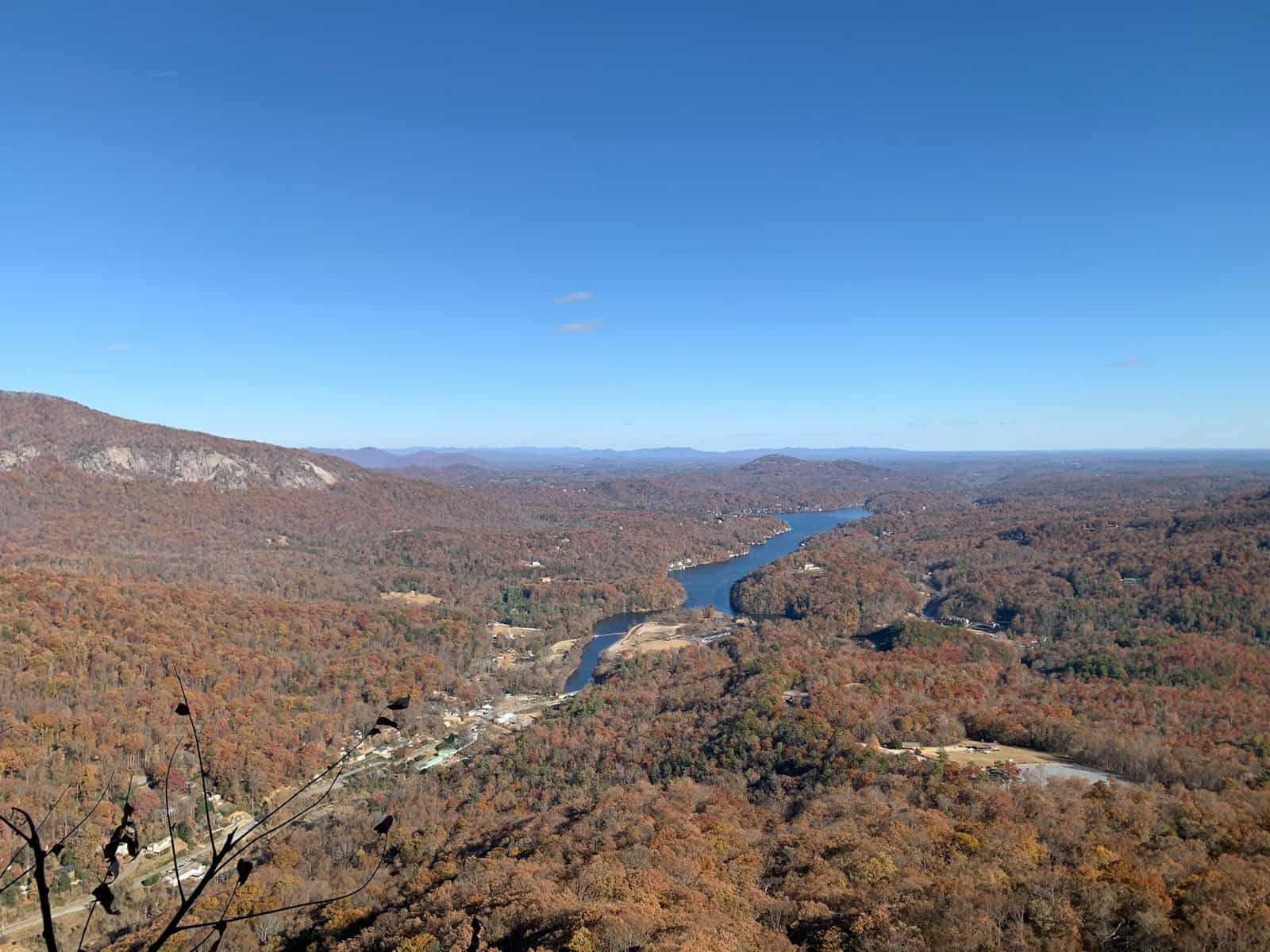 Aerial view of Chimney Rock NC in the fall.