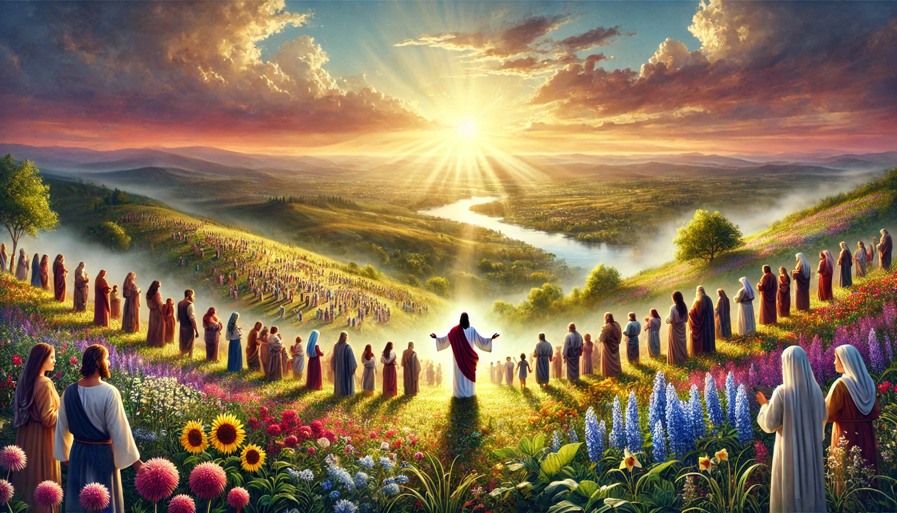 A breathtaking horizontal scene showing Jesus standing on a hillside at sunrise, extending His hands toward a diverse group of people gathered below. 