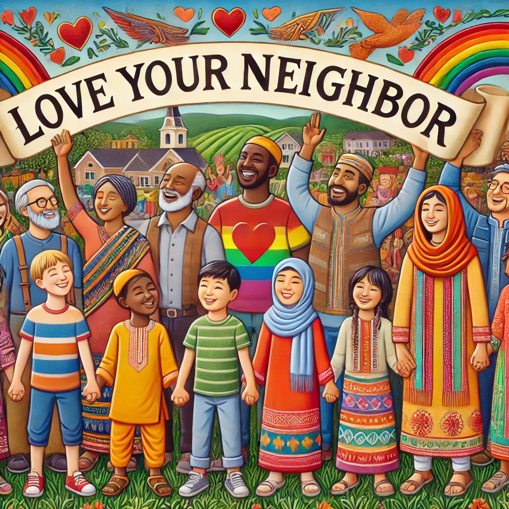 A depiction of people of diverse ethnicities and backgrounds holding hands in unity under a banner reading 'Love Your Neighbor.'