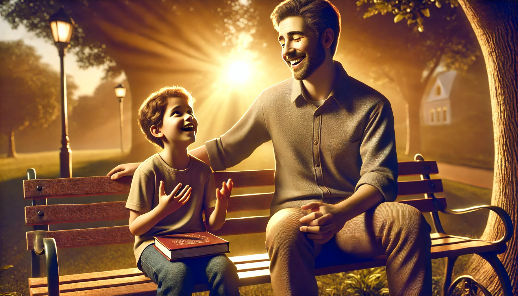 A father and his teenage child sitting together on a park bench during a golden sunset.