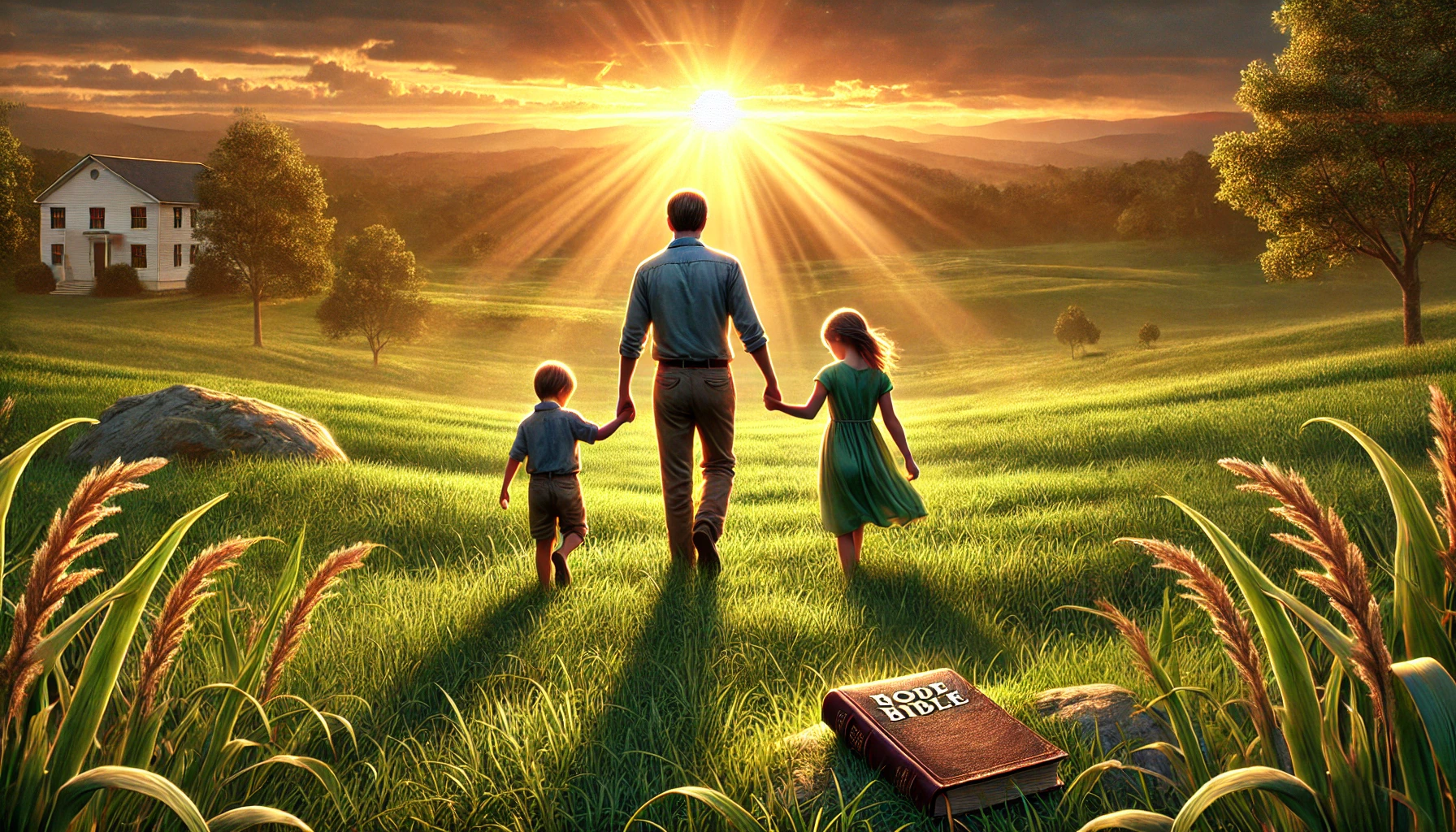 A father holding hands with his two children while walking through a lush, green field at sunrise.