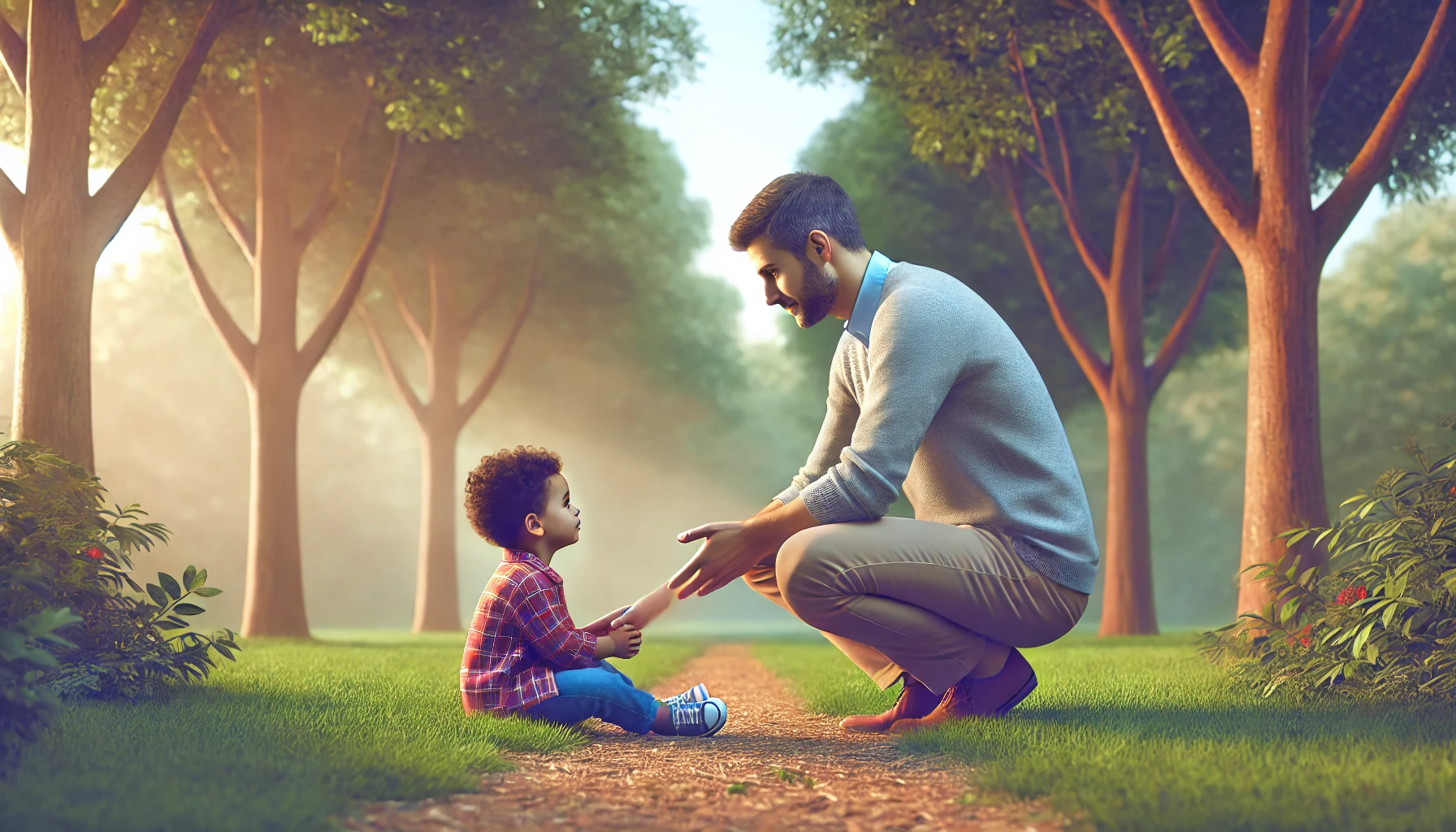 A father kneeling down to speak gently with his child in a peaceful park setting.