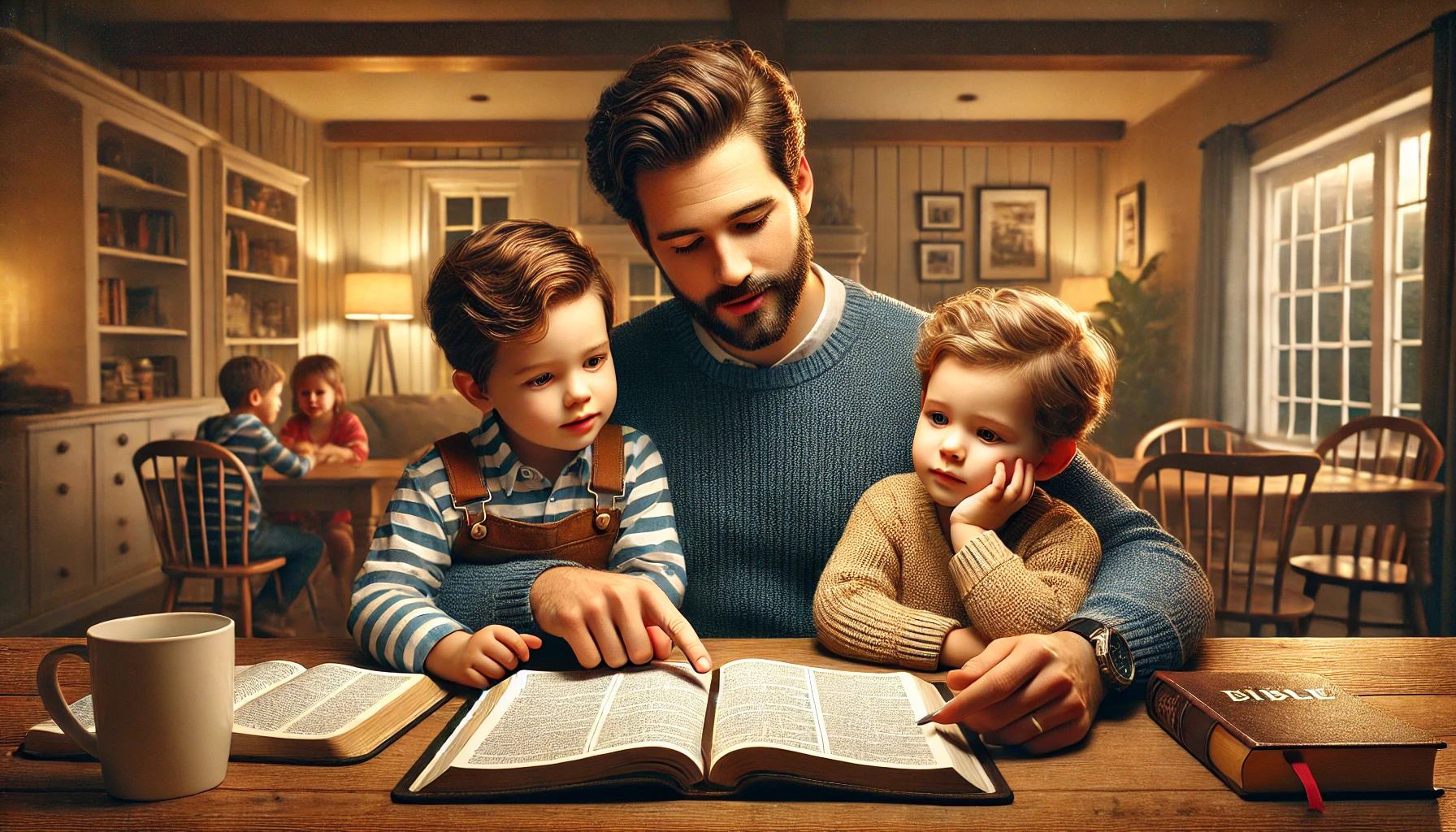 A father sitting at a wooden table with his young sons, pointing to an open Bible.