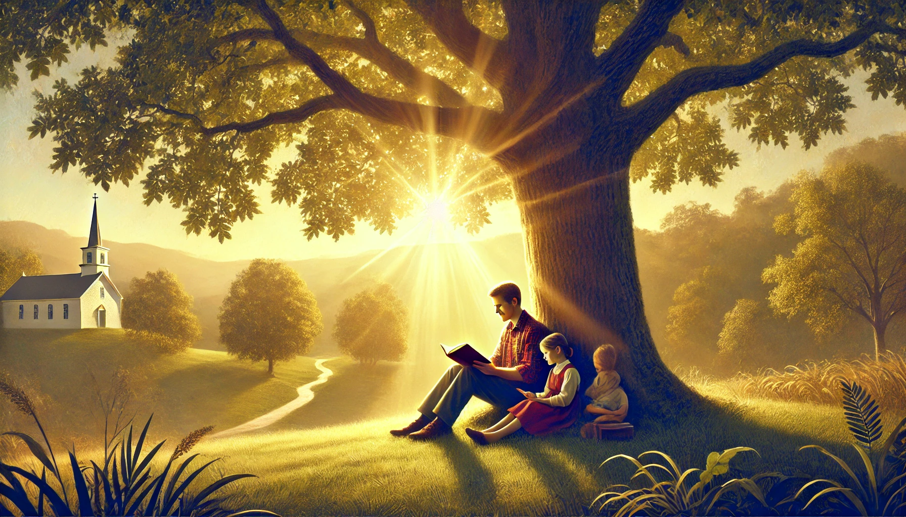 A father sitting under a large oak tree with his children, reading a Bible together.