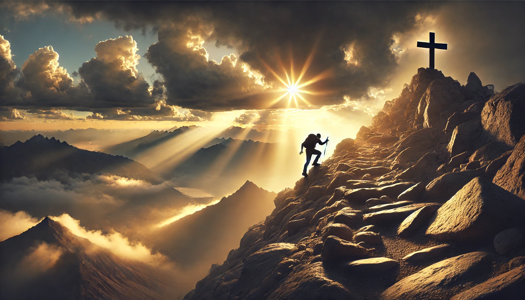 A hiker climbing a steep, rocky mountain trail under a dramatic sky.