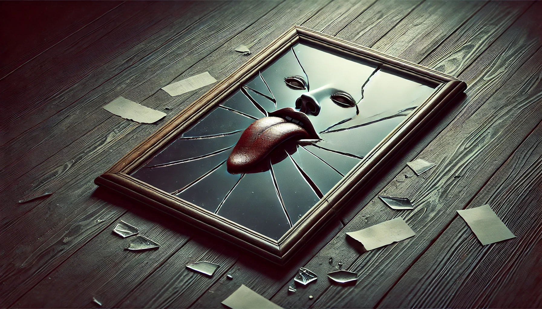 A horizontal, photo-realistic illustration of a broken mirror lying on a dark wooden table, with its cracks forming the shape of a lying tongue. The m