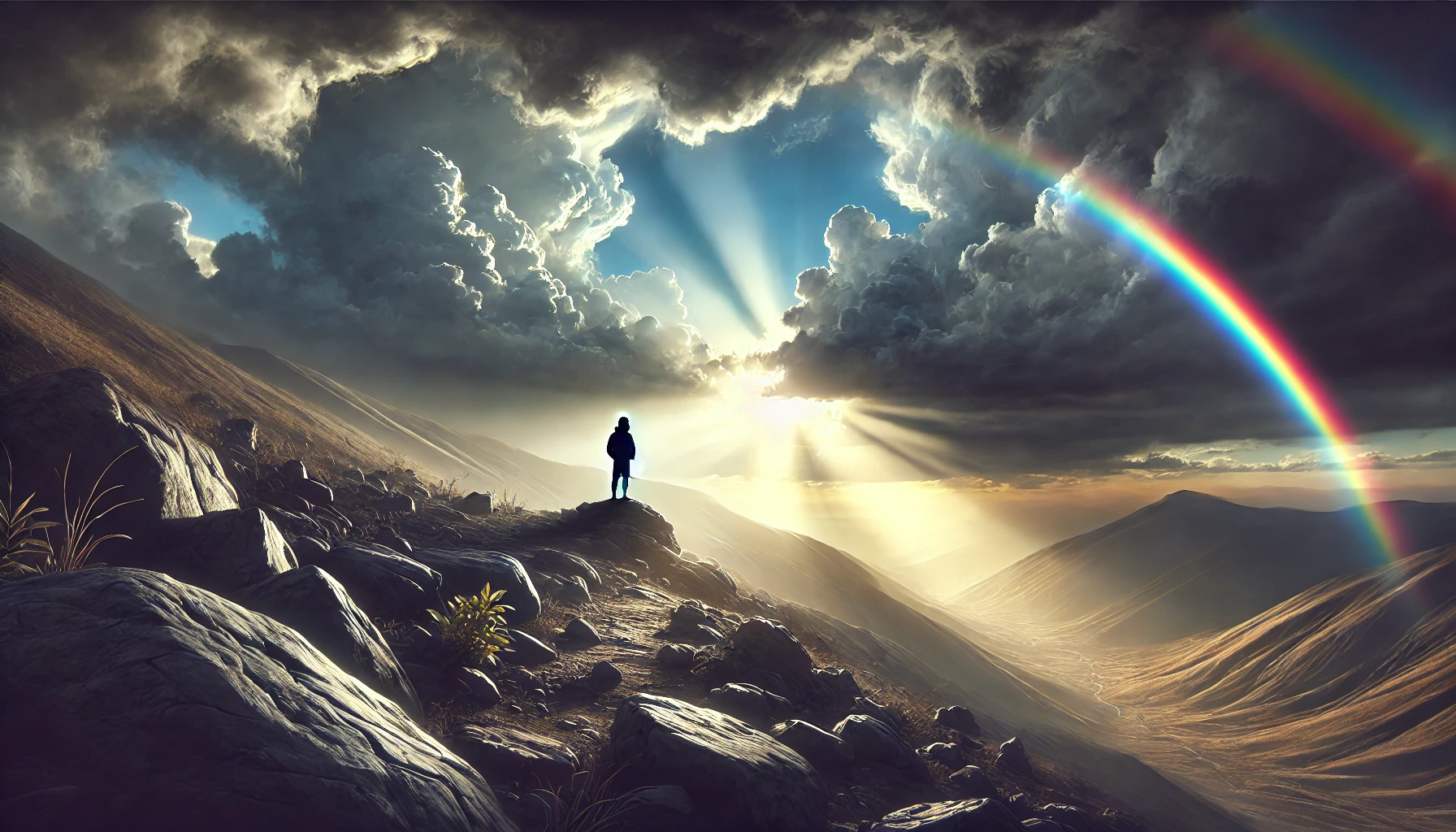 A lone figure standing on a rocky hill under a dramatic sky with sunlight breaking through.