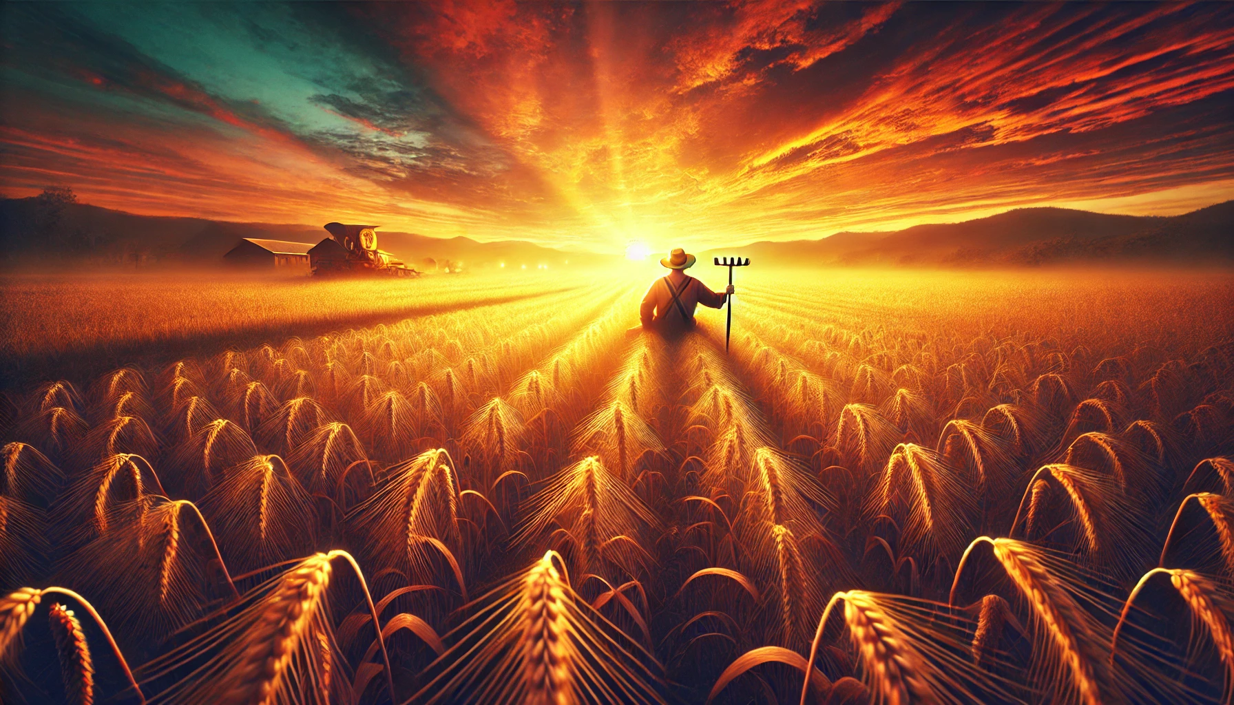 A panoramic view of a farmer's field with golden crops glowing under a vibrant sunset.